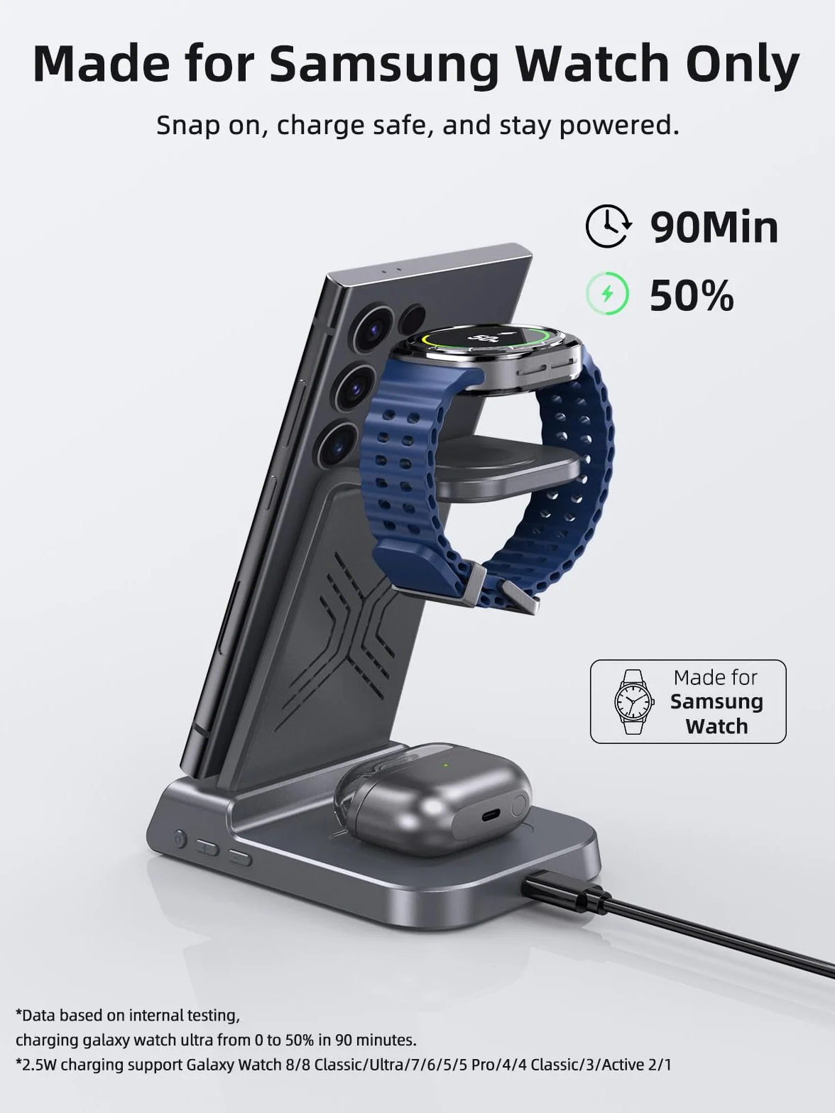 Bezprzewodowa ładowarka do Samsung Galaxy S25 Ultra Watch 7 Ultra, ładowarka Samsung Galaxy Watch 6 5, 3 w 1 stacja ładująca do telefonu z systemem Android do-S24 Z Flip 6 Buds Pro 2 (szary)