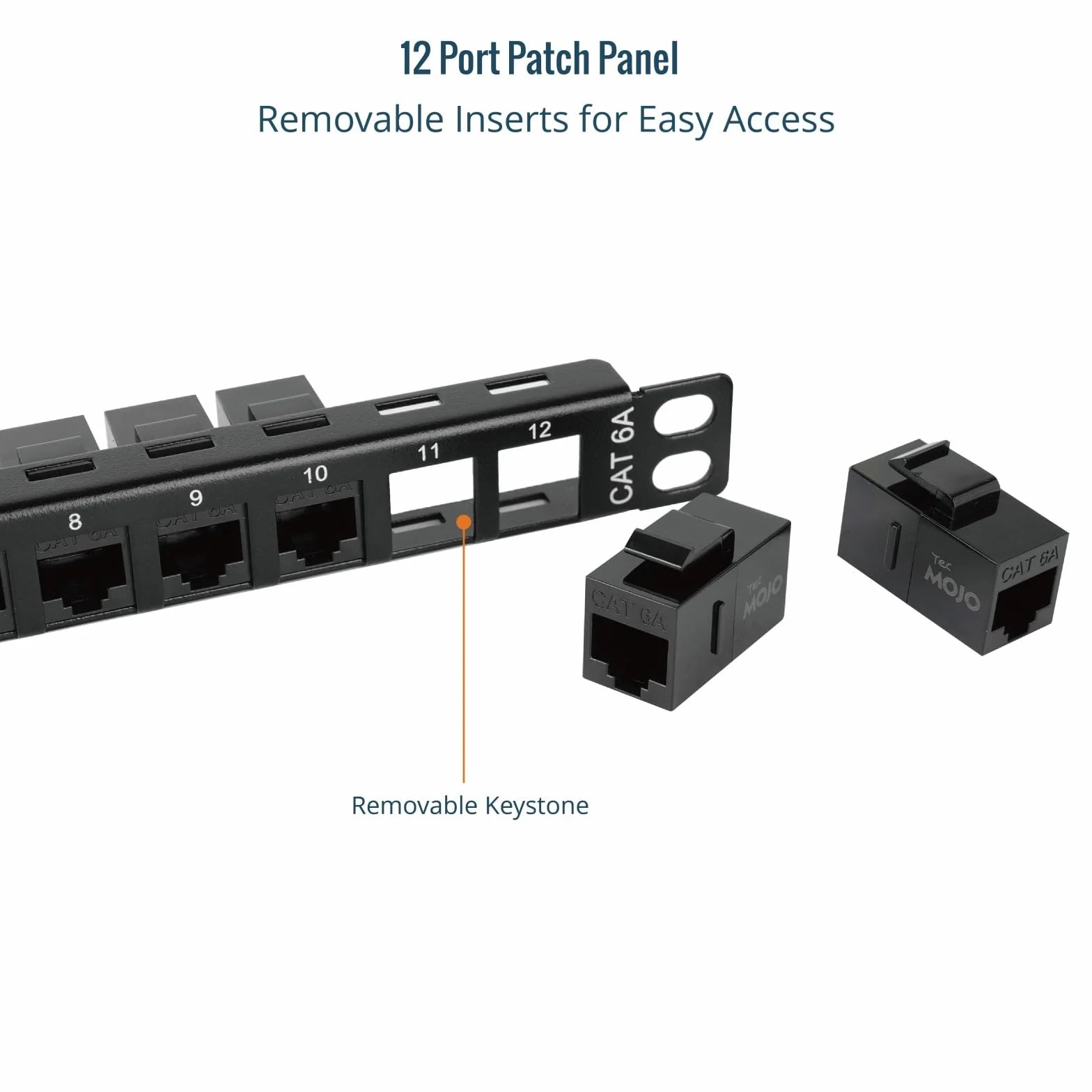 Tecmojo 10-calowy 12-portowy panel krosowy Cat6A, 0,5U panel modułowy do montażu w szafie ze złączem RJ45 Keystone, do szaf serwerowych 10 cali i szaf sieciowych, 10-Gigabit Ethernet, czarny