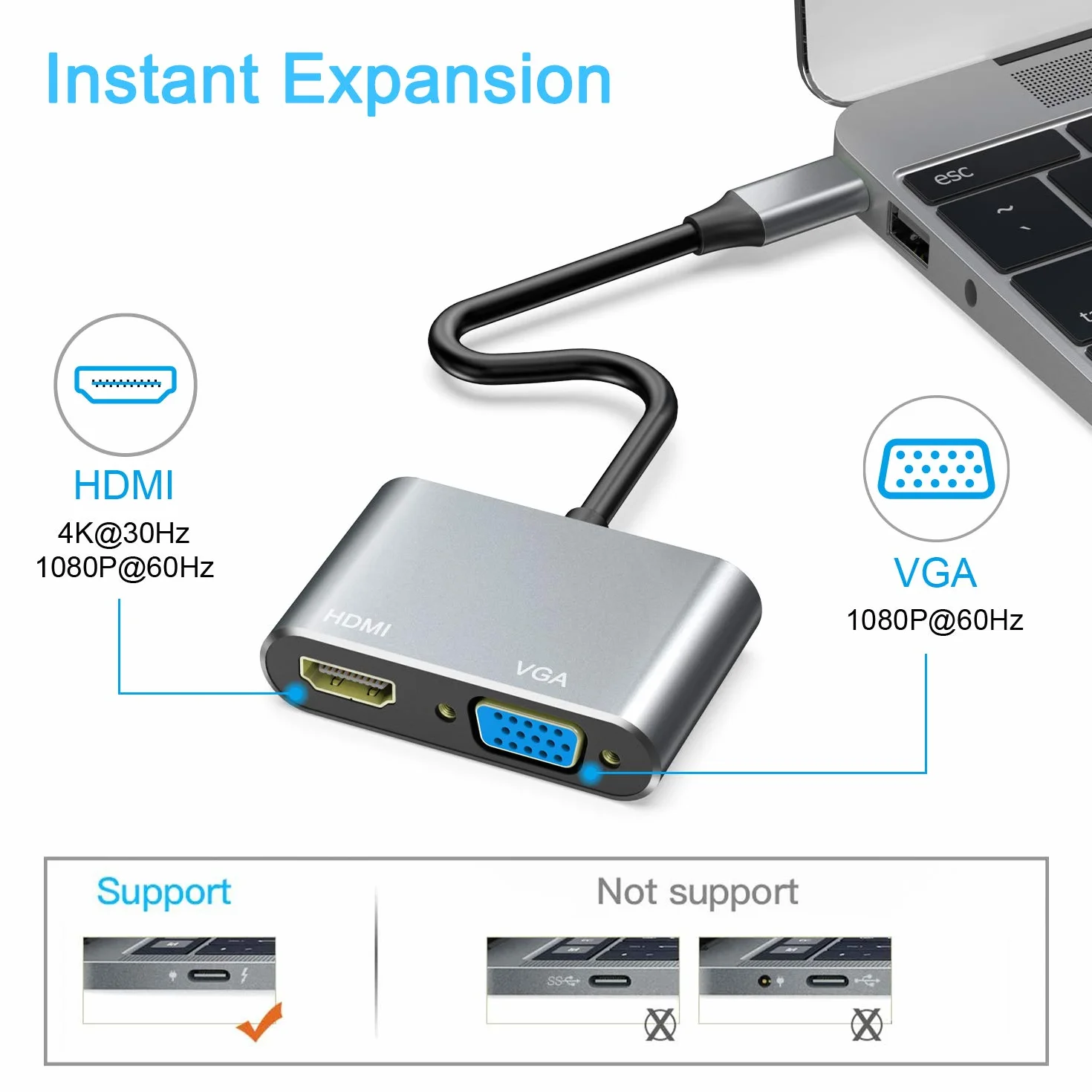 ABLEWE Adapter USB C na HDMI VGA 4K 1080P Thunderbolt 3 do MacBooka Chromebook Pixel Lenovo Yoga Dell XPS 13 Samsung Galaxy