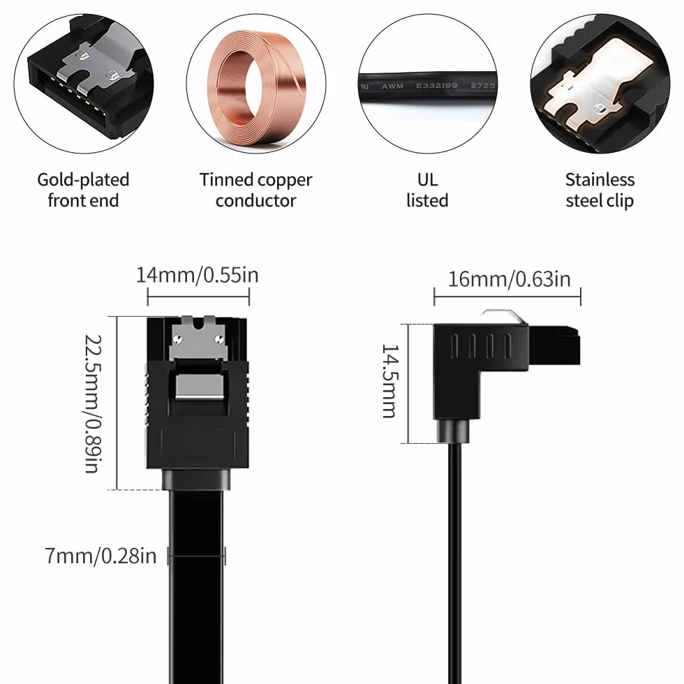 1 x kabel SATA III 18", 6 Gb/s, sztywny kąt 90°, dysk twardy SATA, SSD, odtwarzacz CD, nagrywarka CD, czarny