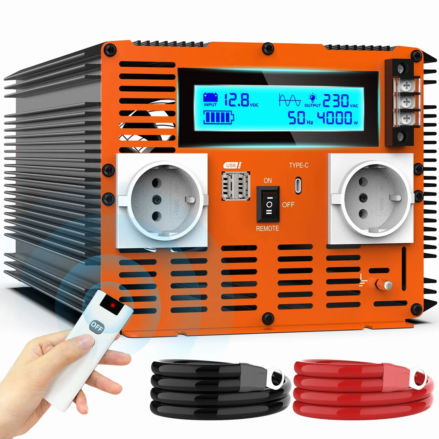 Falownik 12V 230V Czysty Sinus 4000W Przetwornica Napięcia z Pilotem Zdalnego Sterowania i Ekranem LCD i 2 Gniazdkami UE i 2 x port USB i Port typu C Solar Power Inverter (2 lata gwarancji)