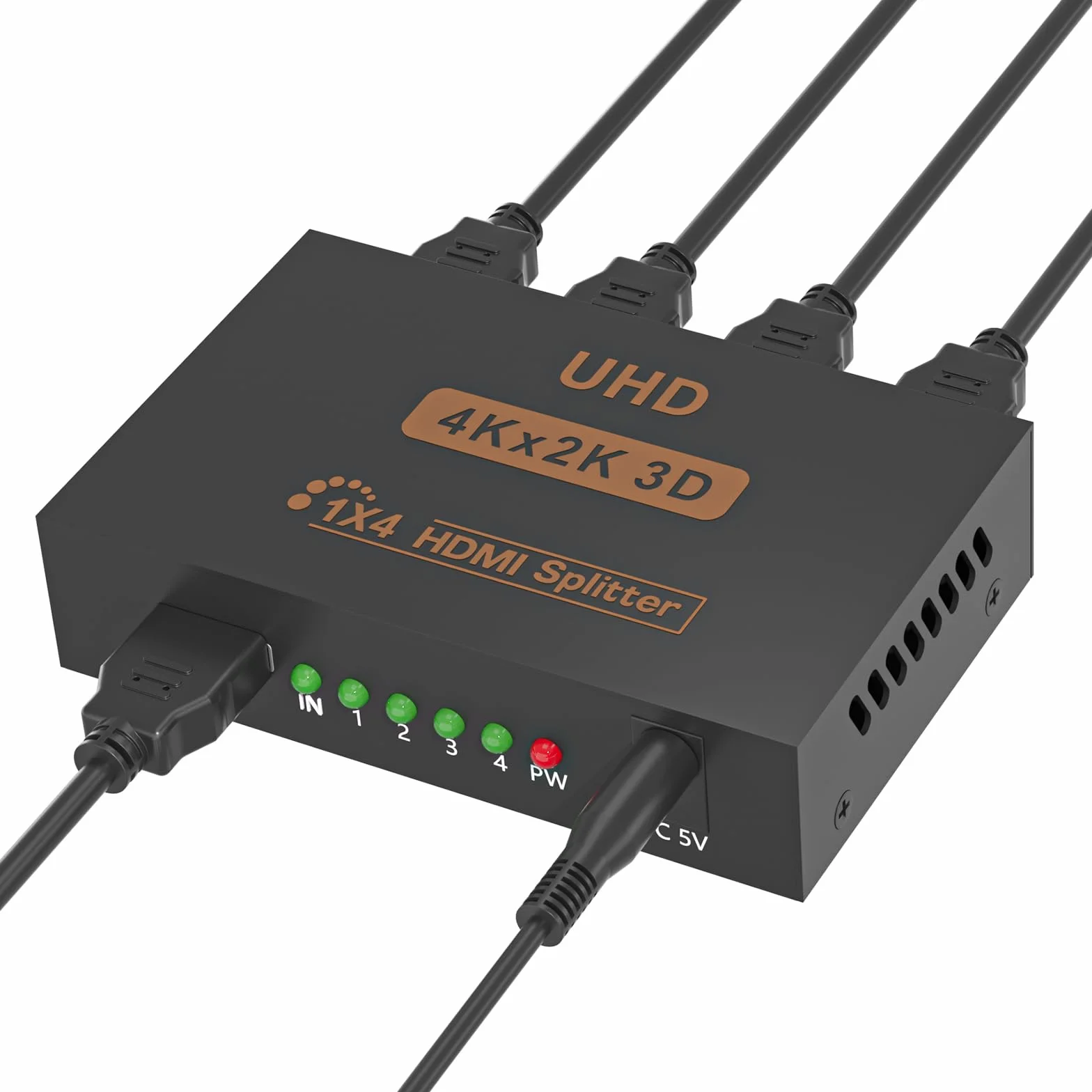 Rozdzielacz 4K HDMI 1 w 4 out, jednocześnie HDMI Splitter 4 monitory, lustrzany rozdzielacz HDMI 1 w 4 out, obsługuje 4K UHD HDCP1.4 3D 1080P Full HD transmisja długodystansowa z zasilaczem DC