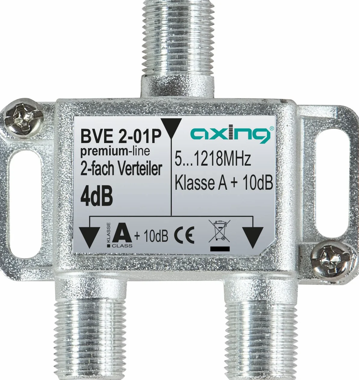 Axing BVE 2-01P podwójny rozdzielacz telewizja kablowa CATV Multimedia DVB-T2 klasa A+, 10 dB, 5-1218 MHz metal