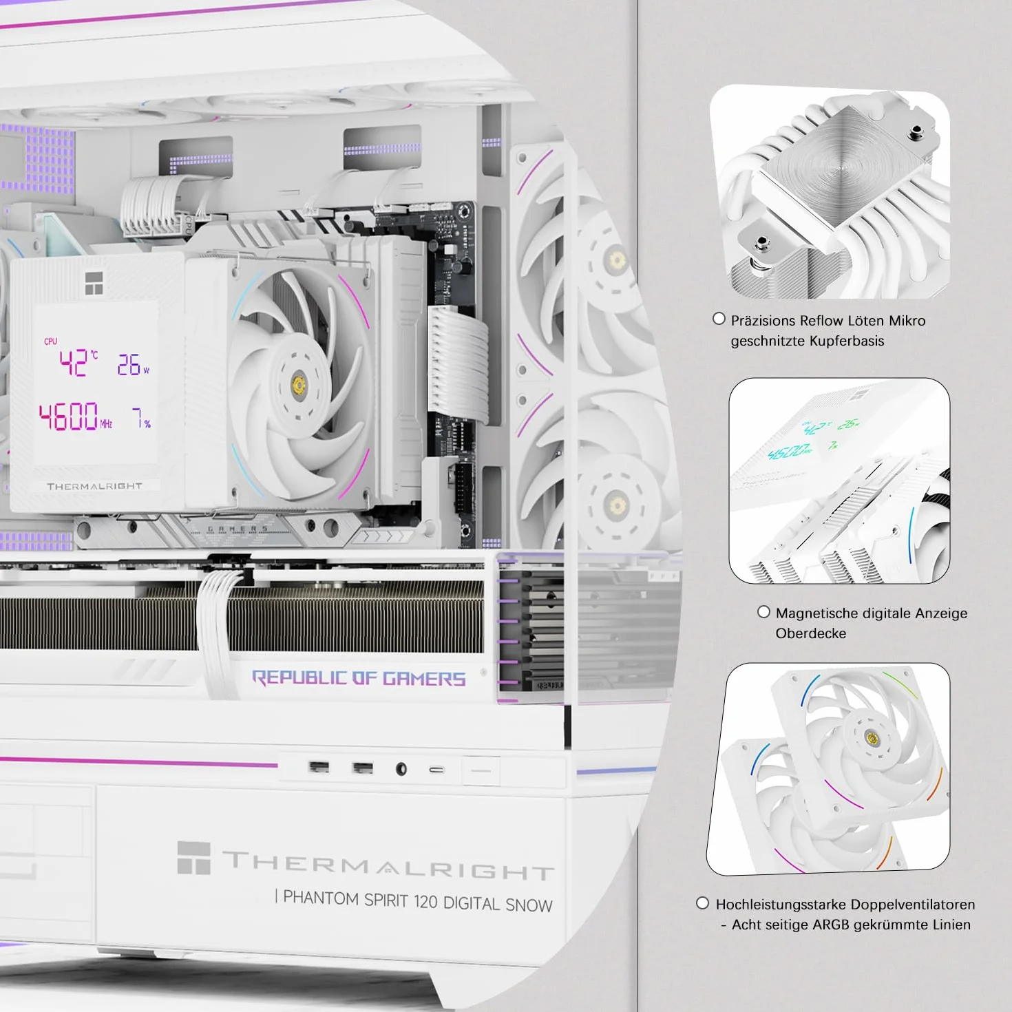 TR-Thermalright Phantom Spirit 120 Digital Snow CPU Chłodnica, podwójna wieża z 7 rurami cieplnymi, podwójny wentylator PWM-2150RPM, cyfrowa płyta z ekranem na górze, dla AM5/AM4, Intel lga1851/1700