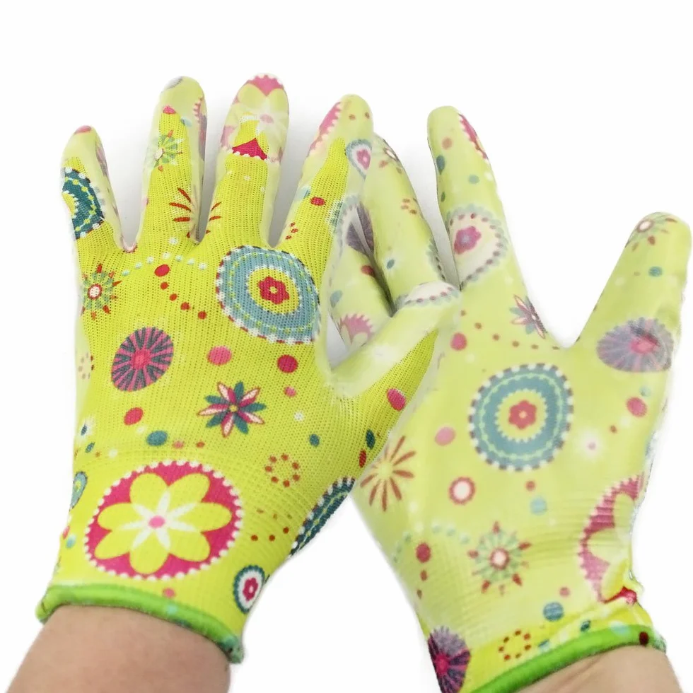 COM-FOUR® Rękawice ogrodowe robocze Flower Power rozmiar 8 zielone różowe 2 pary