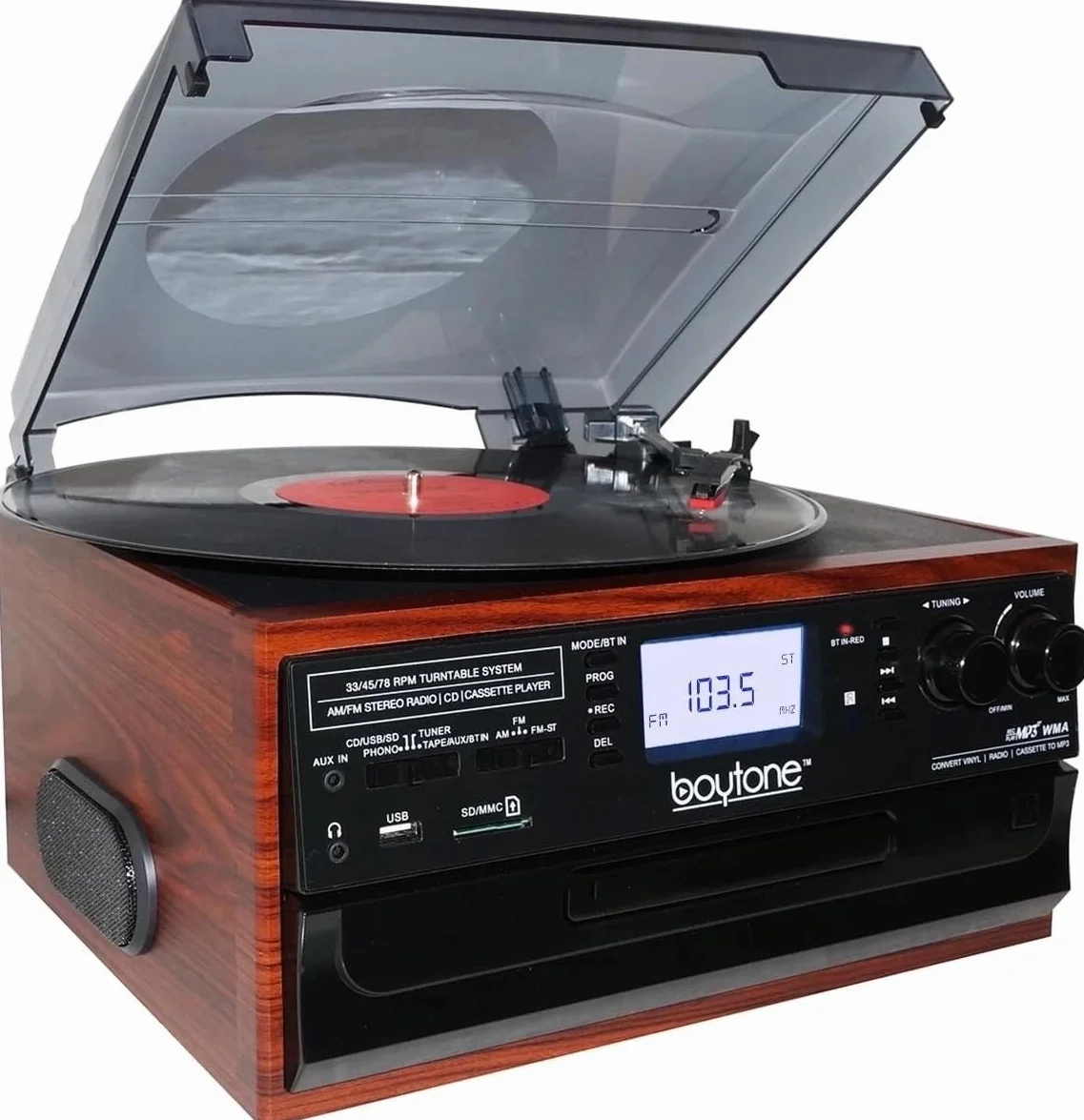 Boytone BT-22M, gramofon Bluetooth, radio AM/FM, kaseta, odtwarzacz CD, 2 wbudowane głośniki, możliwość konwersji winylu, radia, kasety, CD na MP3 bez komputera, gniazdo SD, USB, AUX