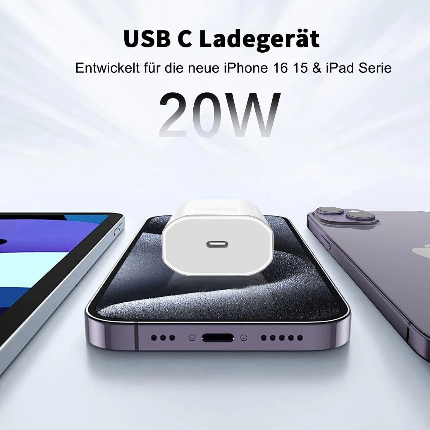 Ładowarka USB C 20 W do iPhone 15/16, iPad Pro 12.9/11/Air 2024, kabel 2 m