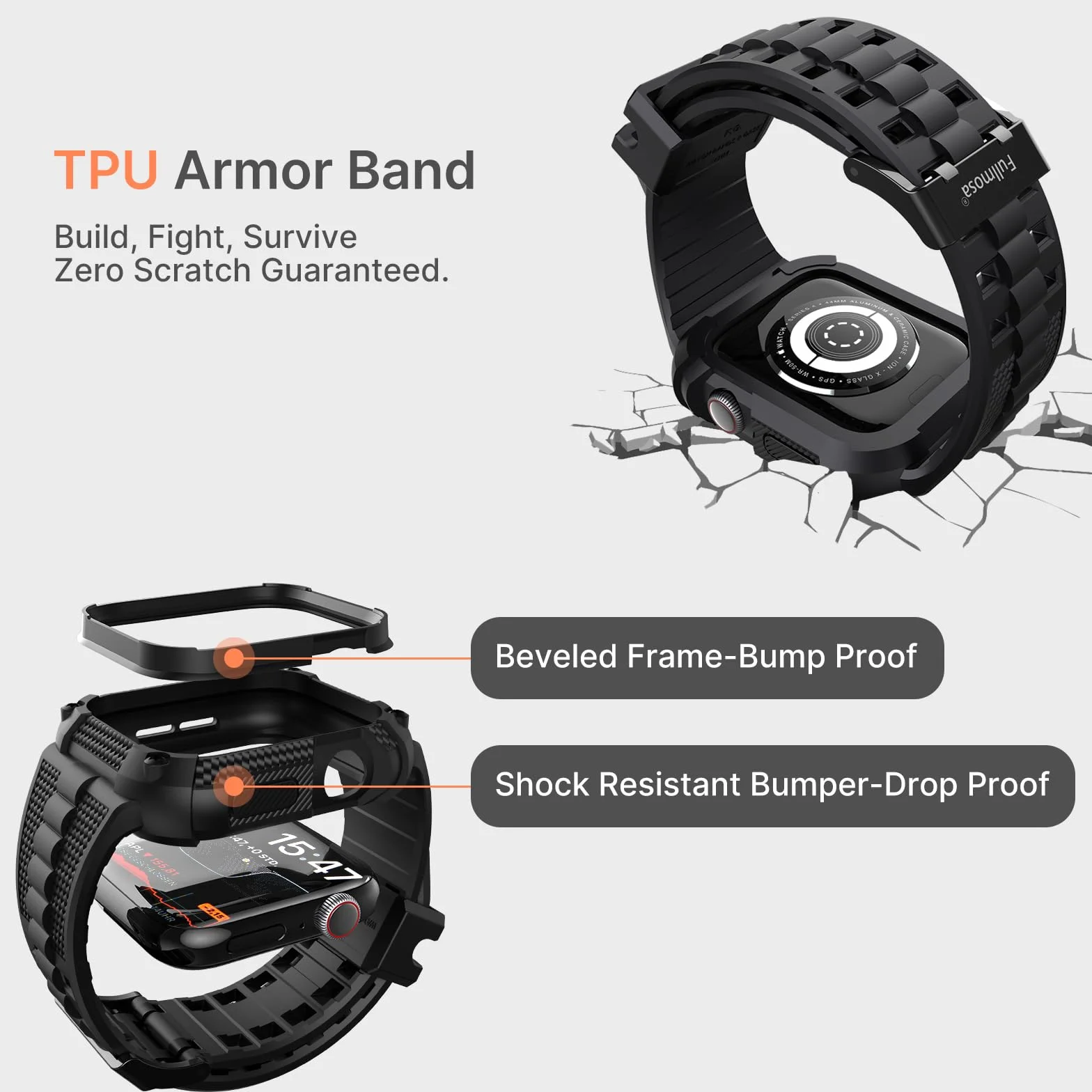 Fullmosa Pasek z etui ochronnym, kompatybilny z Apple Watch SE 45 mm, 44 mm, 42 mm, 41 mm, 40 mm, 38 mm, Series SE Ultra 2, 9, 8, 7, 6, 5, 4, 3, 2, 1, wytrzymały sportowy pasek z folią ochronną na