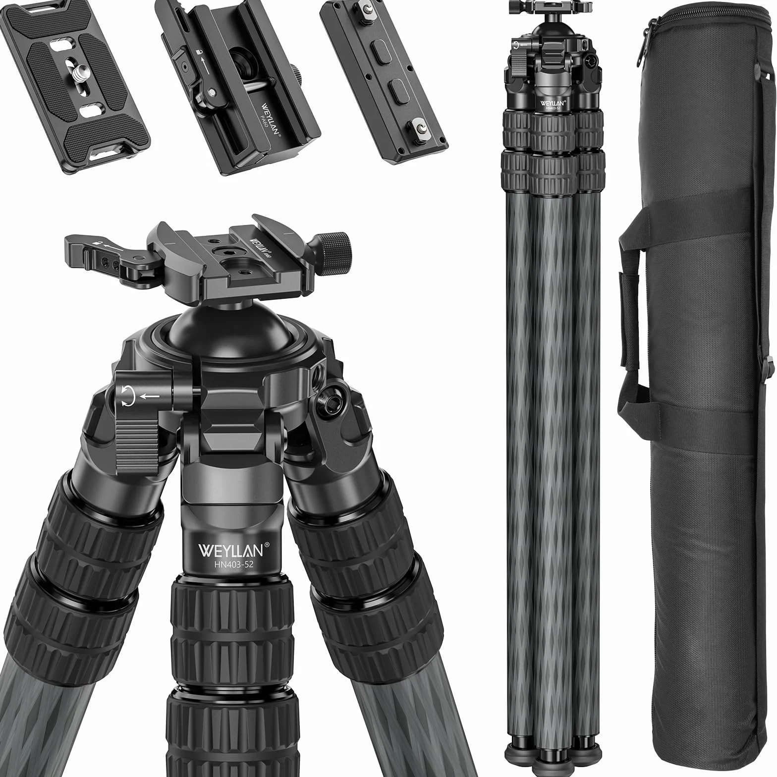 WEYLLAN HN403 statyw z włókna węglowego, z głowicą kulową 52 mm, szyną MLOK Arca Rail 80 mm, płytka QR typu Arca, adapterem Arca na Picatinny, maksymalna średnica rury 40 mm, maksymalny udźwig 30 kg