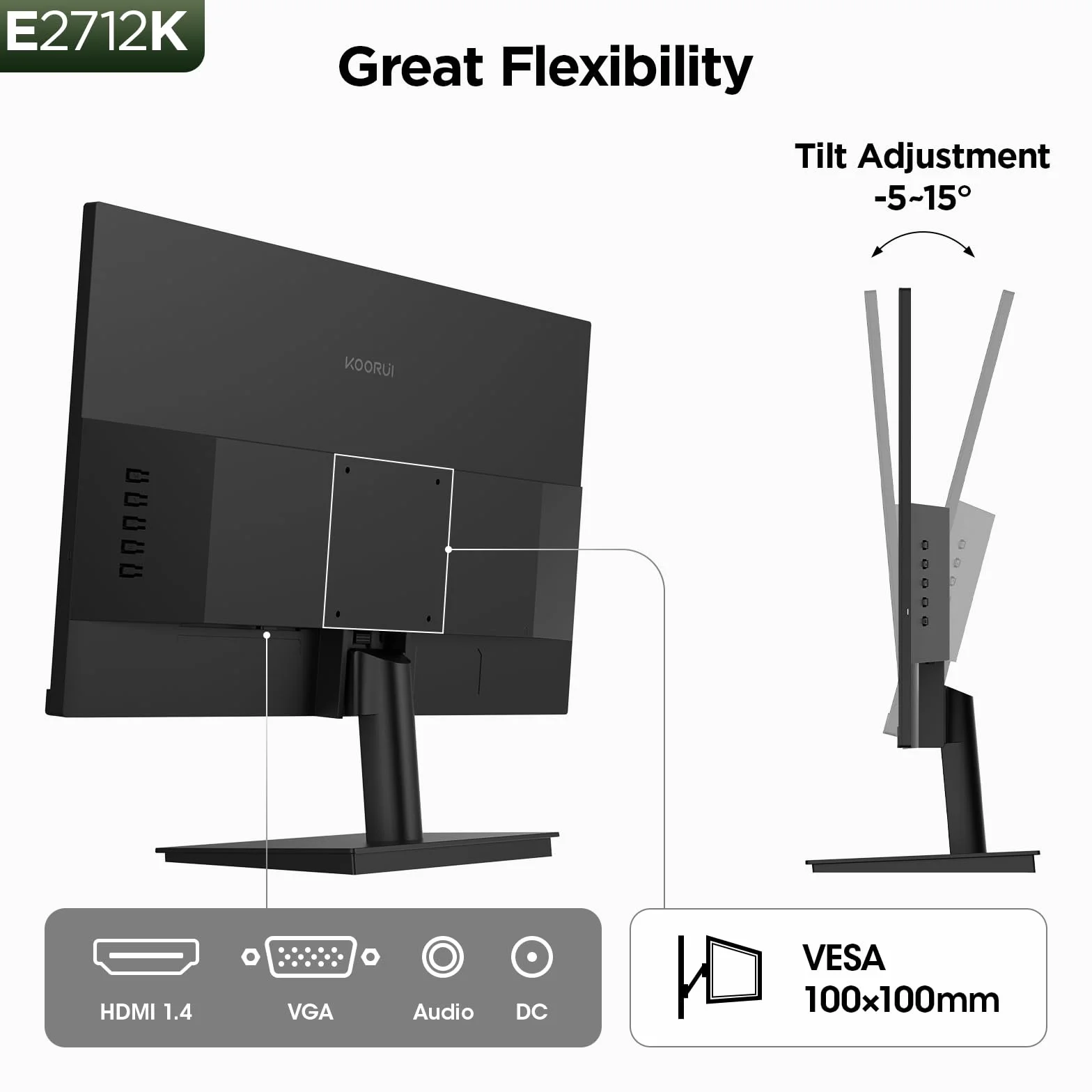 KOORUI 27-calowy ekran PC Full HD (1920 x 1080), IPS, 16:9, 75Hz, 5ms, VGA i HDMI, tryb słabego niebieskiego światła, szeroki kąt widzenia 178°