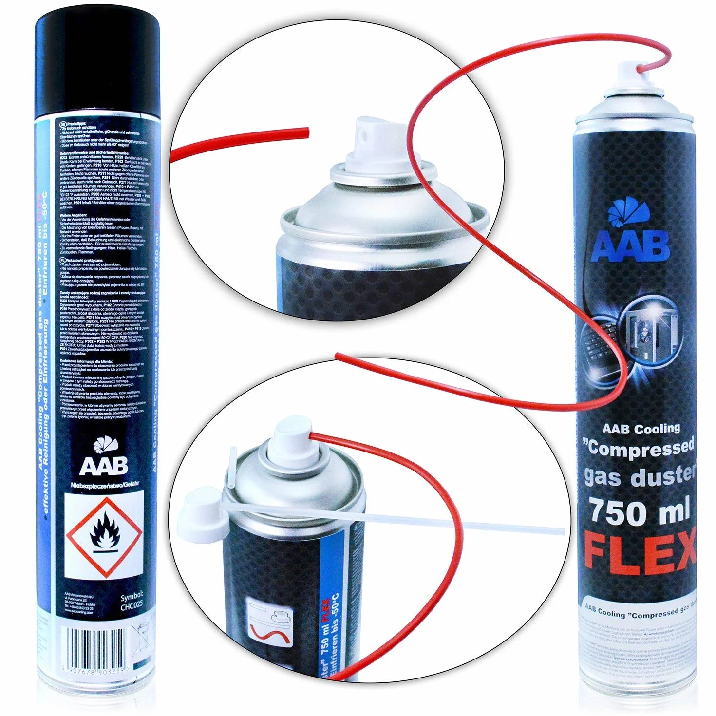 24 x AAB Compressed Gas Duster FLEX 750ml - Sprężony Gaz z Długą, Elastyczną Rurką, Sprężone Powietrze do Wydmuchiwania Kurzu, Puszka, Aerozol do Czyszczenia Komputera, Klawiatury, Laptopa, PC