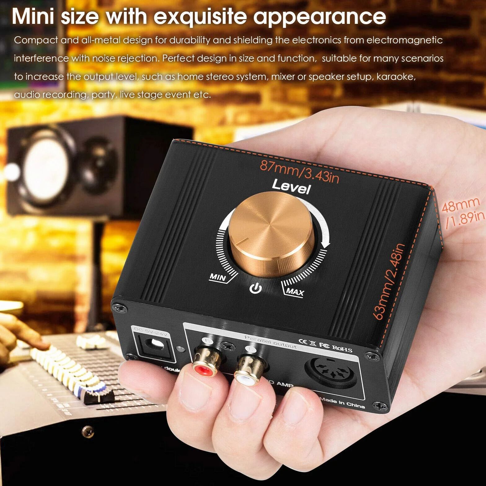 Mini wzmacniacz liniowy stereo boost preamplifier audio dla MP3, iPod, iPad, iPhone, wzmocnienie 20dB + regulator głośności