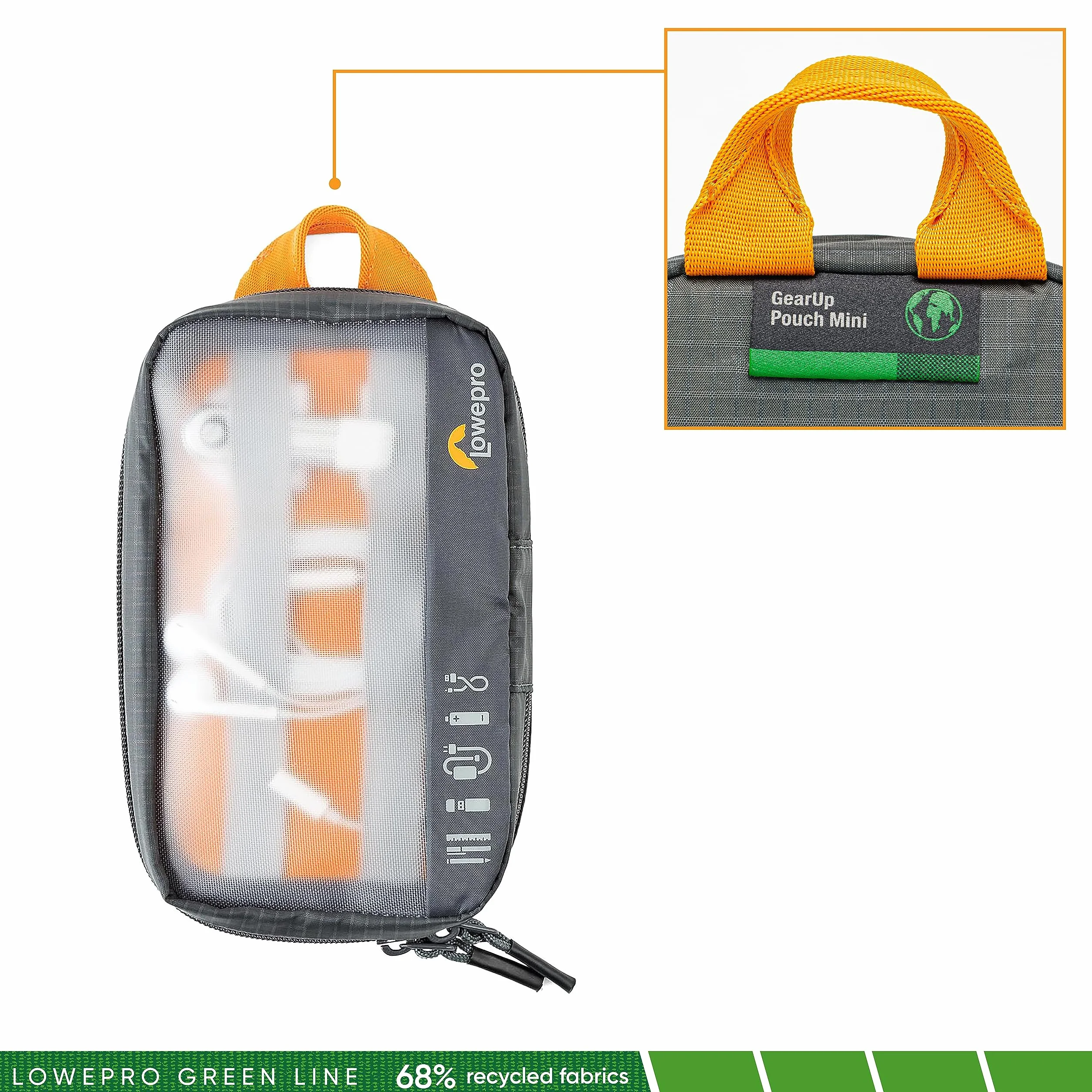 Lowepro GearUp Pouch Mini, etui podróżne na kable telefoniczne, kable, adaptery, baterie, ładowarki i pamięci USB, etui na akcesoria do smartfona, wykonane z tkaniny z recyklingu, szare