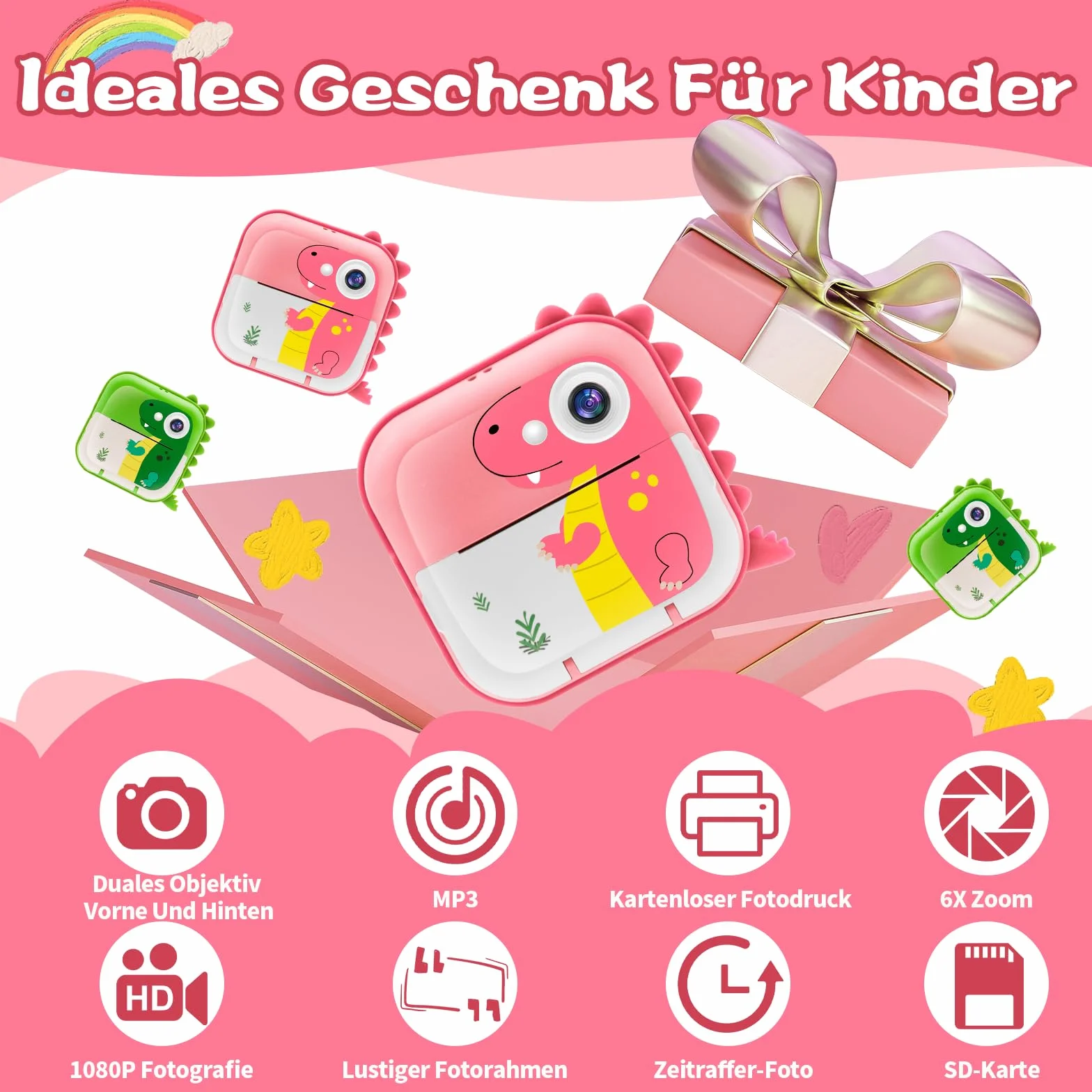 TOYOGO Kamera natychmiastowego wydruku dla dzieci, bez tuszu, 2,4-calowy ekran LCD, 1080P & 12 MP, kamera cyfrowa z funkcją powiększenia, podwójny obiektyw, karta 32 GB, papier do druku w rolkach