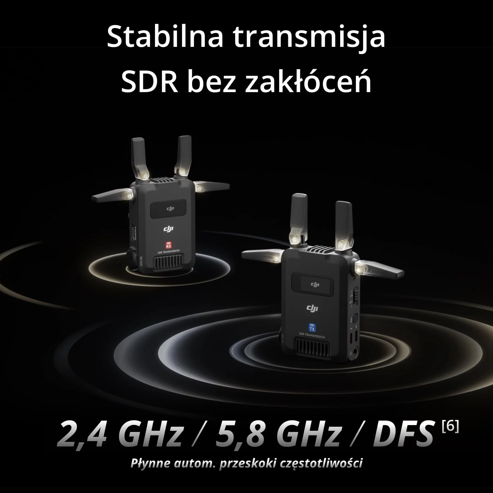 Zestaw transmisji SDR DJI, bezprzewodowa transmisja wideo SDR 1080p/60 kl./s do 3 km, nadajnik i odbiornik, stabilność i brak zakłóceń, duża moc sygnału, wysoki bitrate, monitorowanie przez USB-C