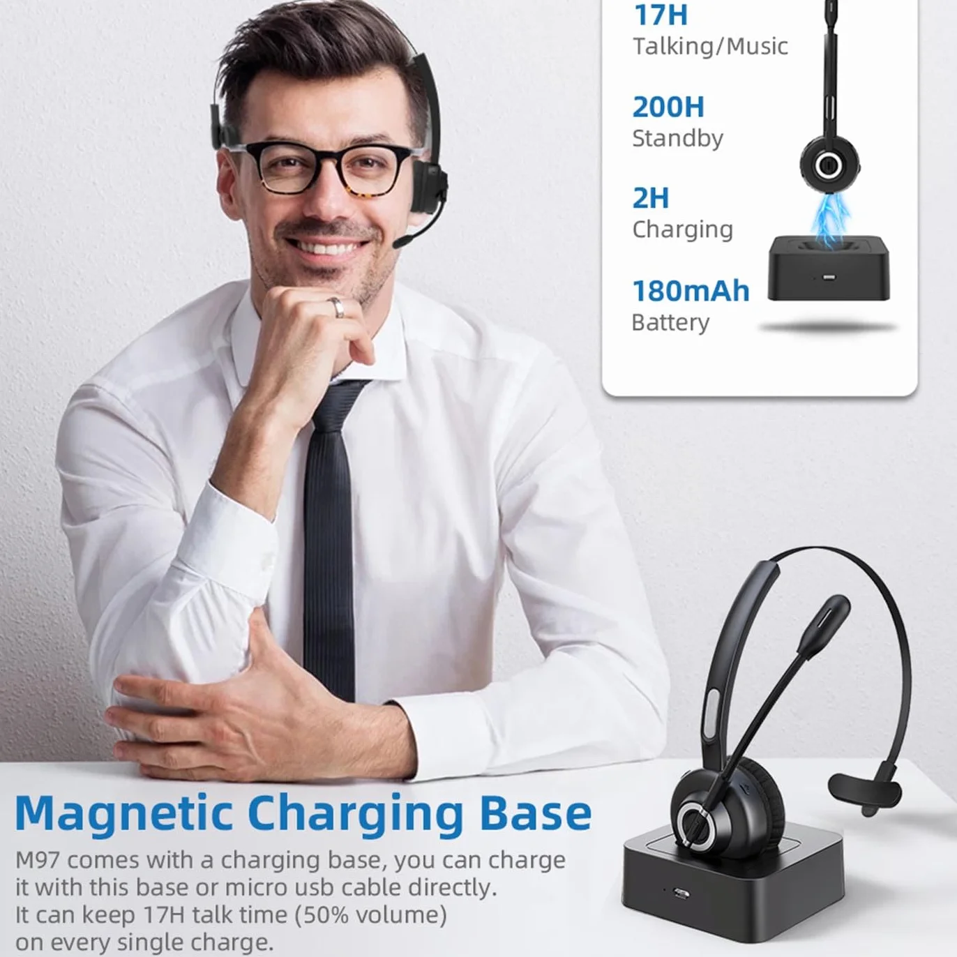 Zestaw słuchawkowy do call center, komfort z redukcją szumów Elastyczny mikrofon z redukcją szumów 300 °, zestaw słuchawkowy Bluetooth z zasięgiem bezprzewodowym 10 M, z magnetyczną podstawą ładującą