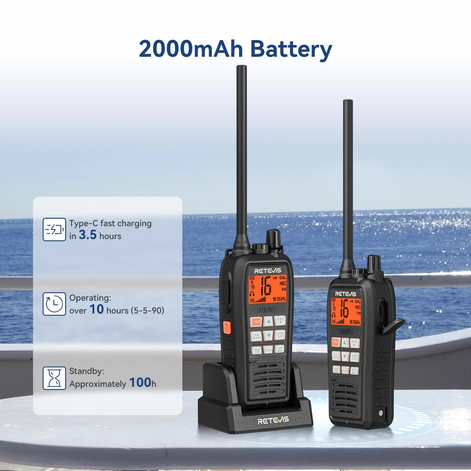 Retevis RM15 VHF Radio Marine, IP68 Pływające Ręczne Radio, Bateria 2000 mAh, Dwukolorowy Ekran, Międzynarodowe Kanały Morskie, Ship to Shore z Głośnikiem dla Łodzi (1 Opakowanie)