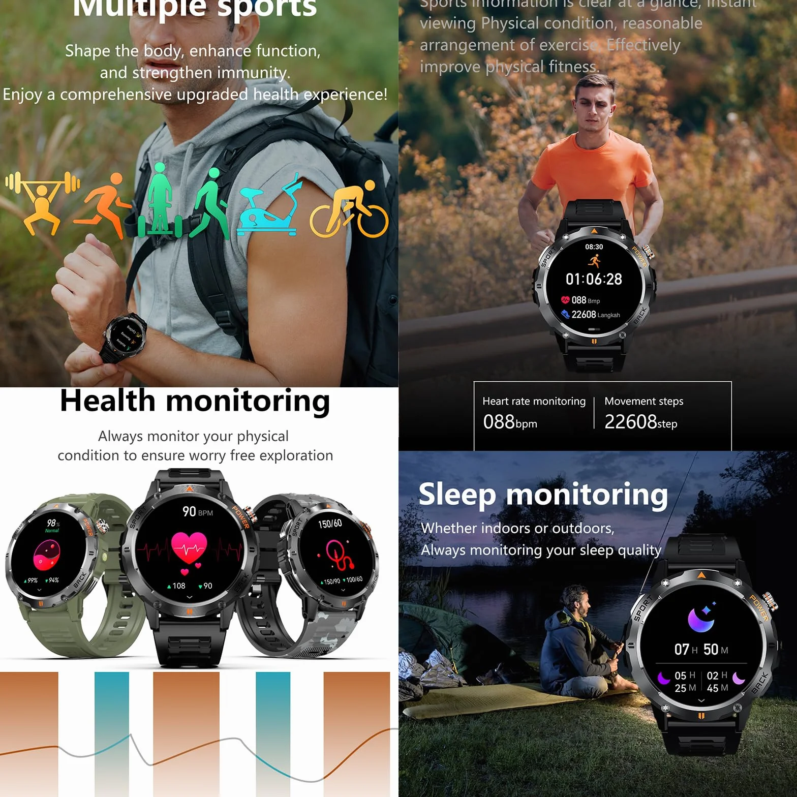 Inteligentny Zegarek, Outdoorowy Inteligentny Zegarek Sportowy, GPS Men Fitness Smartwatches Z 1,53-calowym Ekranem IPS I Latarką LED, Funkcją Kompasu, Wodoodpornością Klasy P68