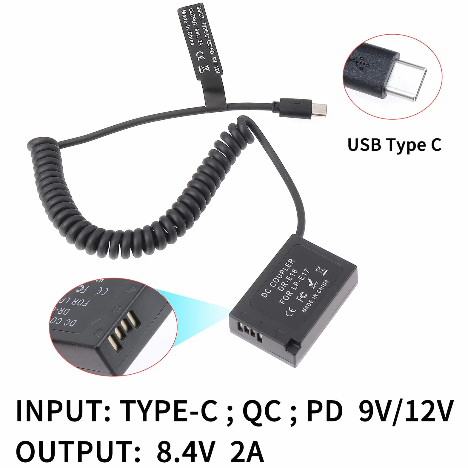 FOTGA DR-E18 łącznik zasilający USB-C typu C do kabla sprężynowego LP-E17 z pełnym dekodowaniem do Canon EOS RP 77D 200D Mark II 750D 760D 800D 850D; Rebel T6i T6s T7i T8i