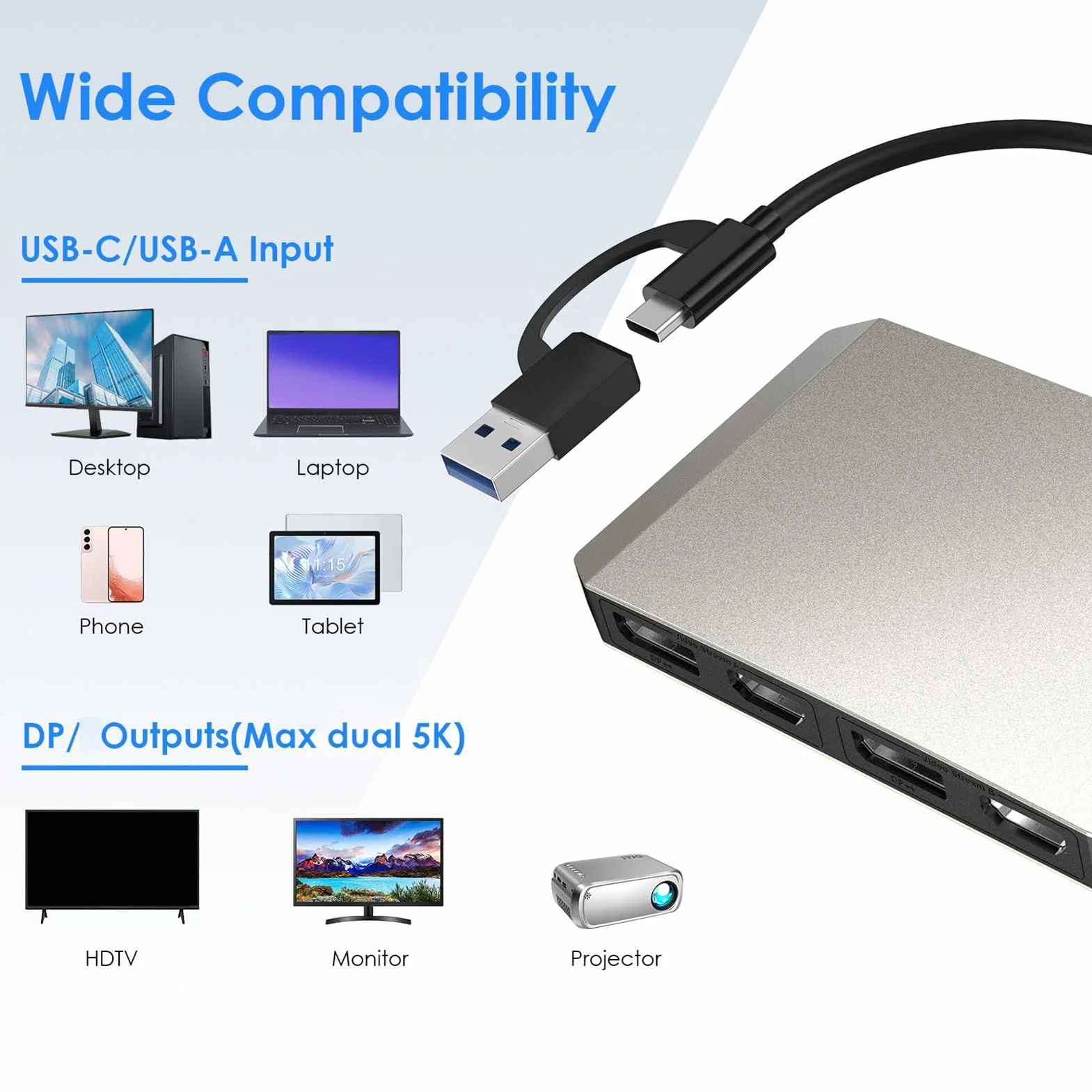 Denash USB 3.0 USB C do Podwójnego Adaptera HD, Podłącz Podwójne Wyświetlacze 4K Przy Adapterze Stopu Aluminium 60 Hz z 2x4k 60Hz 1, 2x5k 60Hz Displayport, Idealny do Systemu