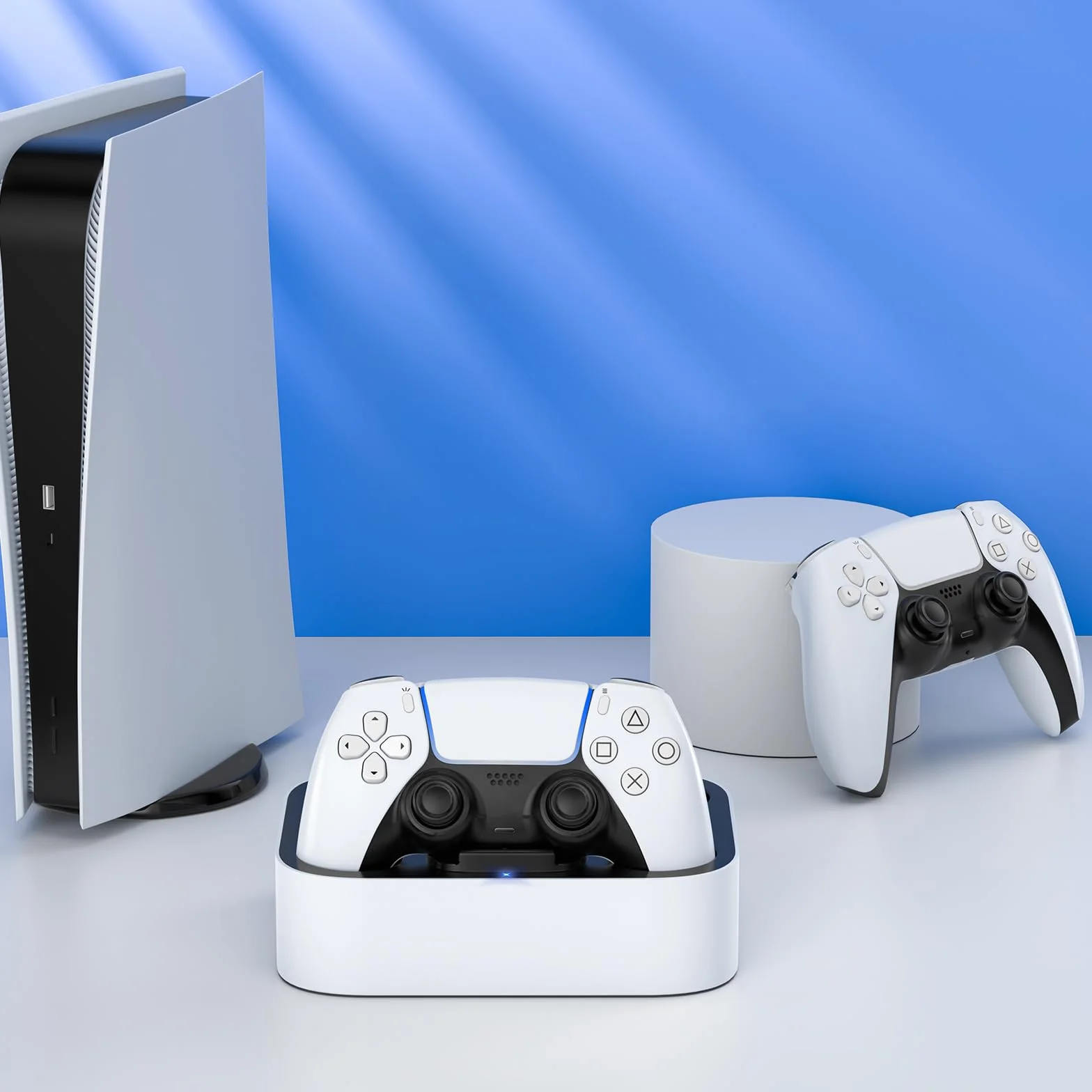 LVFAN Stacja ładująca do kontrolera PS5, szybka stacja ładująca z ochroną przed chipem bezpieczeństwa i wskaźnikiem LED, podwójna stacja ładująca do kontrolera Playstation 5 (biała)