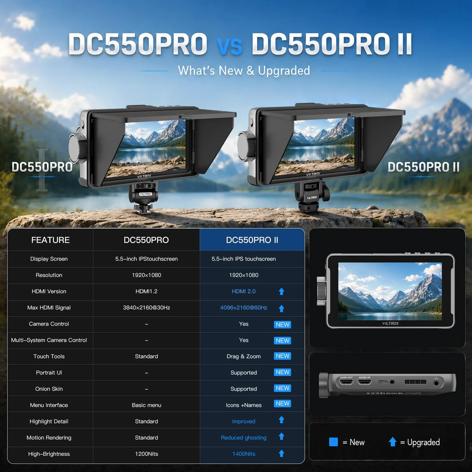 VILTROX DC550 PRO II monitor polowy DC-550 PRO (2026) do DSLR, ekran dotykowy, monitory 4K 1400 Nit, zewnętrzny monitor do aparatu Sony Canon Nikon 3D LUT 1920 x 1080 IPS z baterią Sunshield