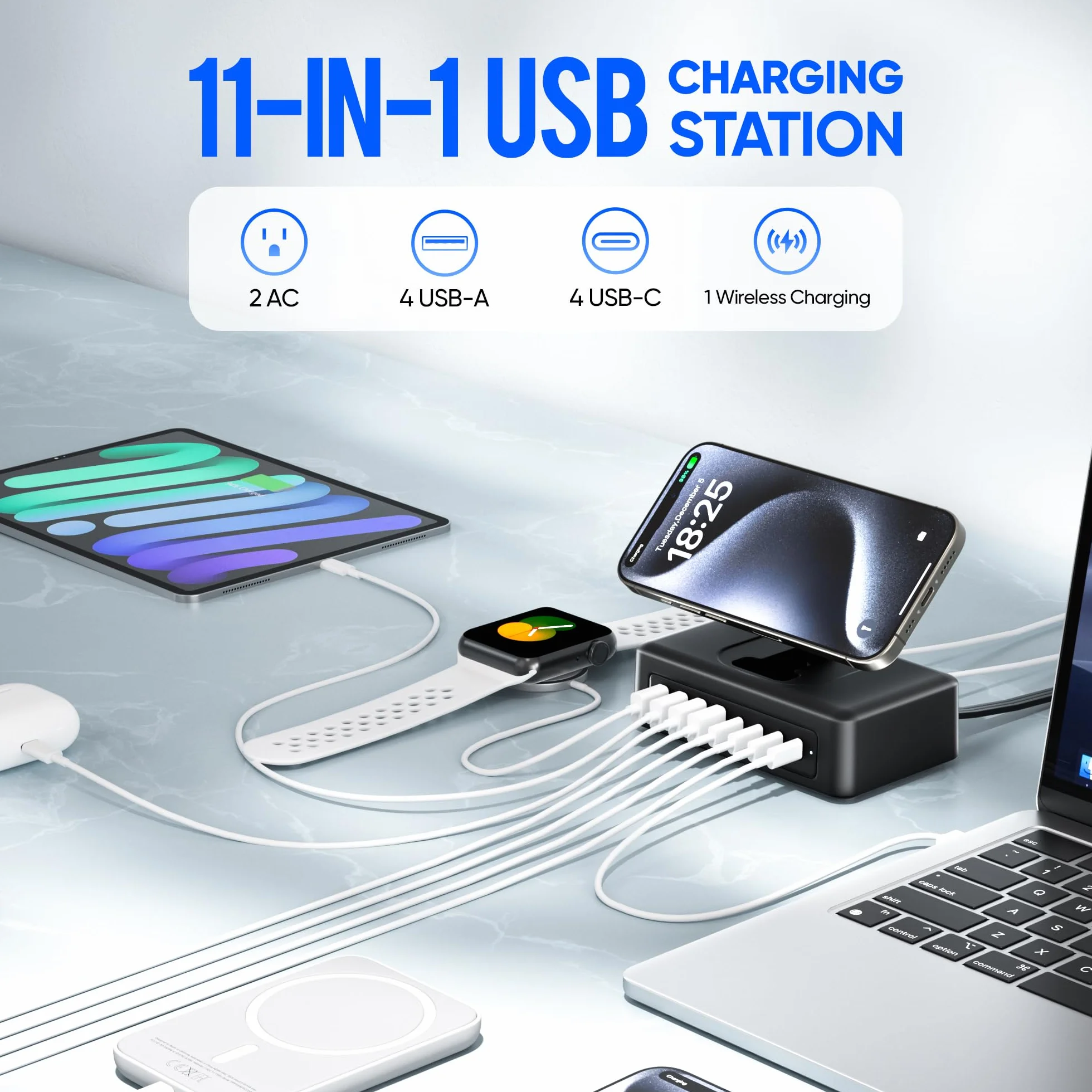Stacja ładująca USB 300 W, listwa zasilająca USB C 11 w 1, 2 gniazda AC i 8 portów USB, płaski przewód przedłużający 1,5 m z wieloma urządzeniami, ładowarka biurkowa do domowego biura, akcesoria na