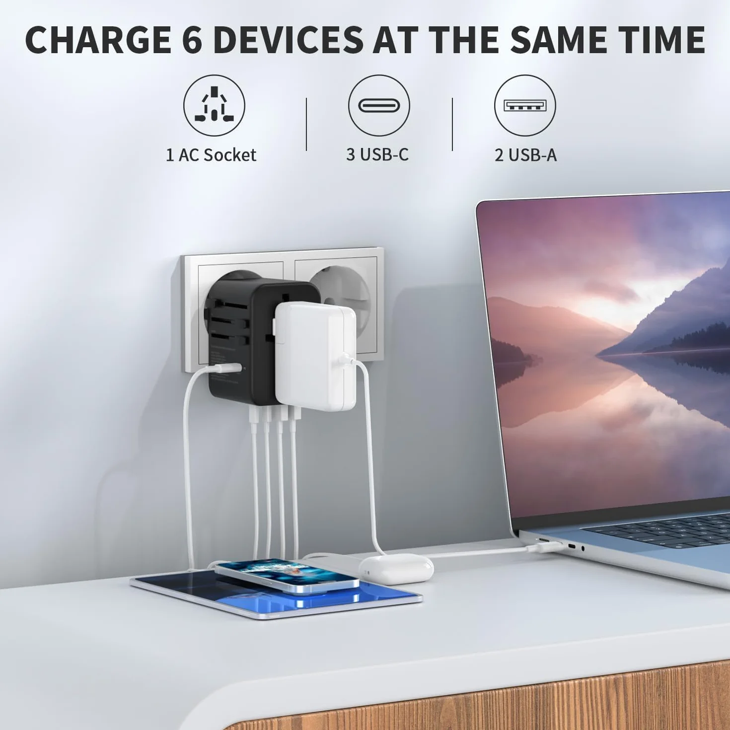EPICKA GaN Adapter Podróżny, 70W PD Adapter Podróżny do Szybkiego Ladowania, Uniwersalna Adapter z 3 USB-C, 2 USB-A, Międzynarodowy Adapter do Gniazda do DE USA, UK, Japonii, Tajlandii