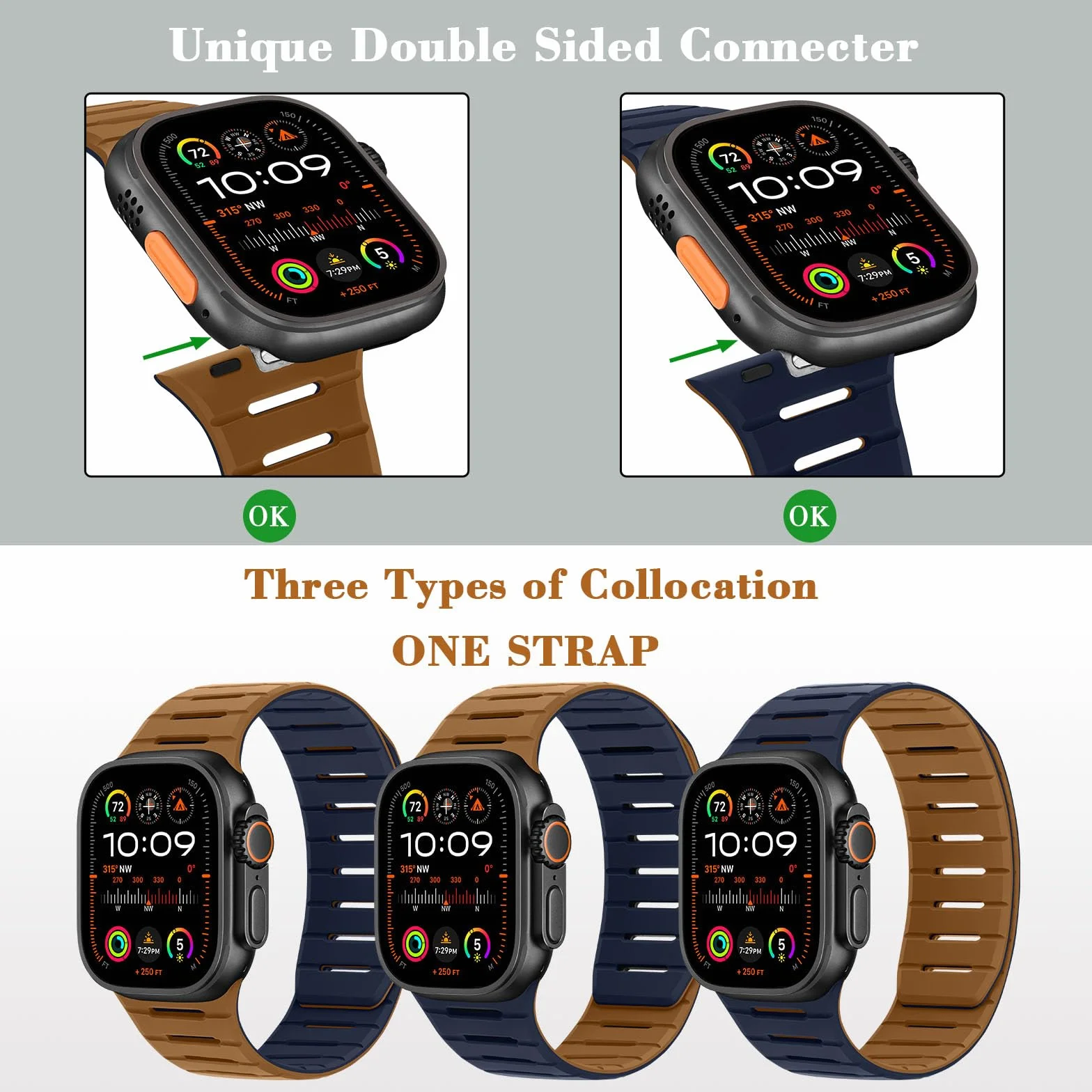 HITZEE Dwustronny dwustronny pasek magnetyczny kompatybilny z Apple Watch Band 49/46 (seria 10)/45/44/42 mm, oddychający, miękki pasek do iWatch Ultra 2 Series 10 9 8 7 SE 5 4 3 2 1
