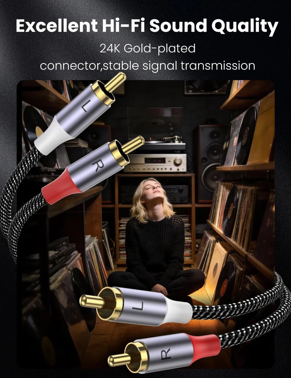 MOSWAG Kabel stereo RCA 2 męskie na 2 męskie 3 m nylonowy pleciony
