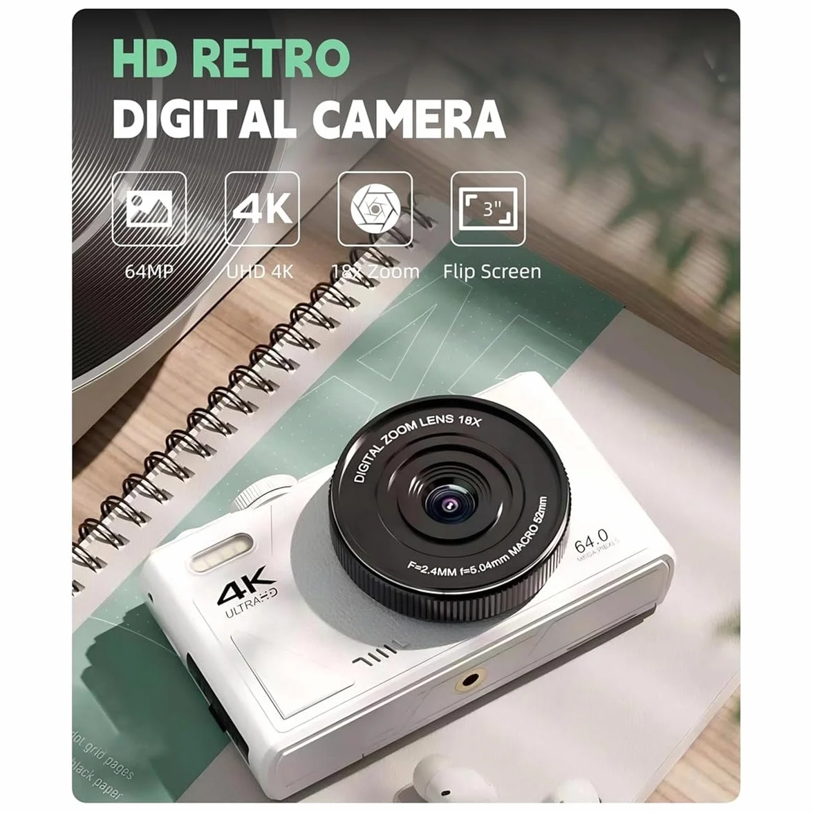 Przenośny aparat cyfrowy 4K, 3-calowy ekran z klapką 64 MP UHD 18-krotny zoom autofokus retro design kompaktowy model biały