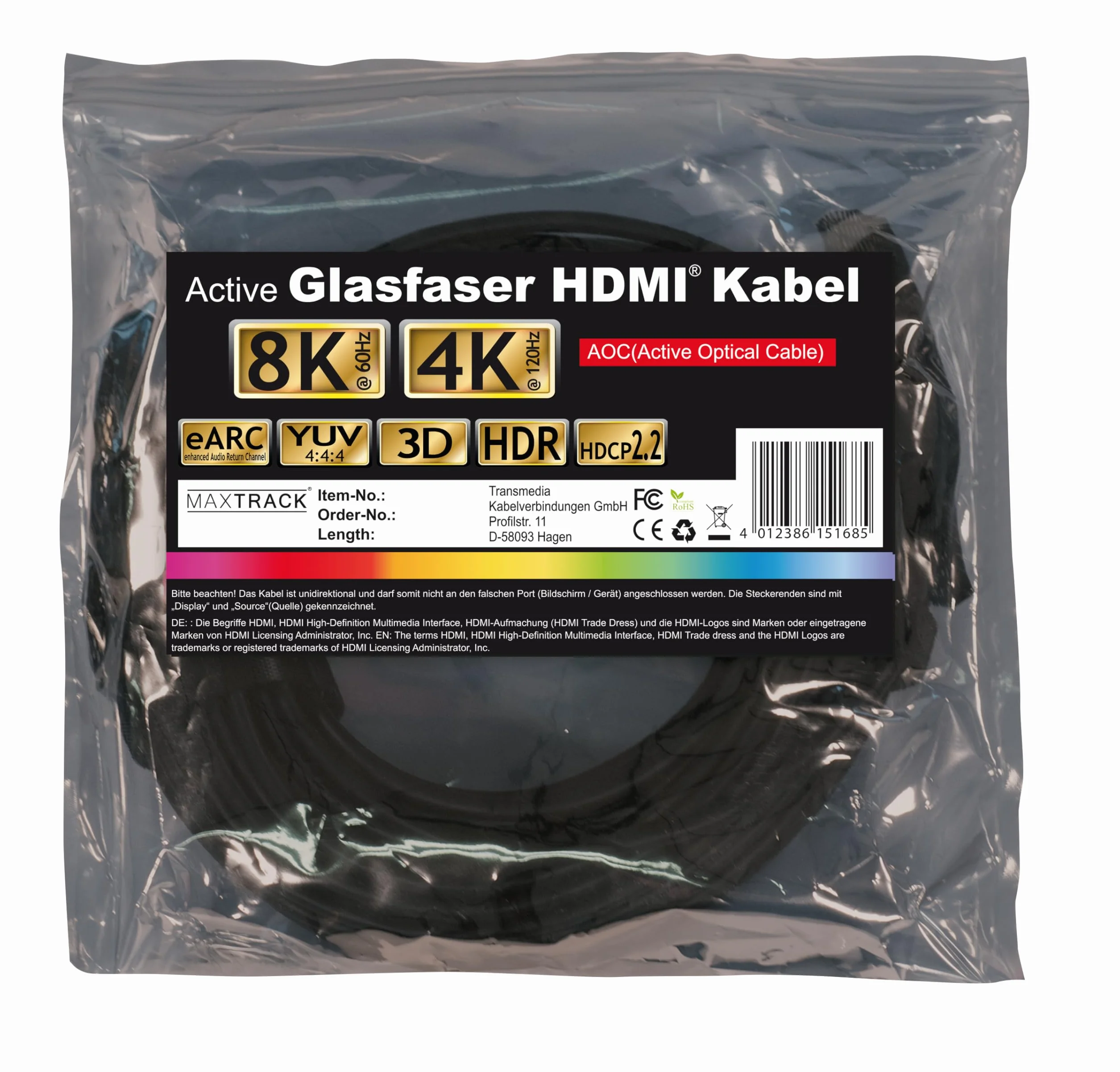 MaxTrack Aktywny kabel światłowodowy HDMI® C507-20ML - HDMI 2.1, 8K @60Hz, 4K 120Hz, eARC, 3D, HDR, HDCP 2.2, YUV 4:4:4, zasięg do 100 m