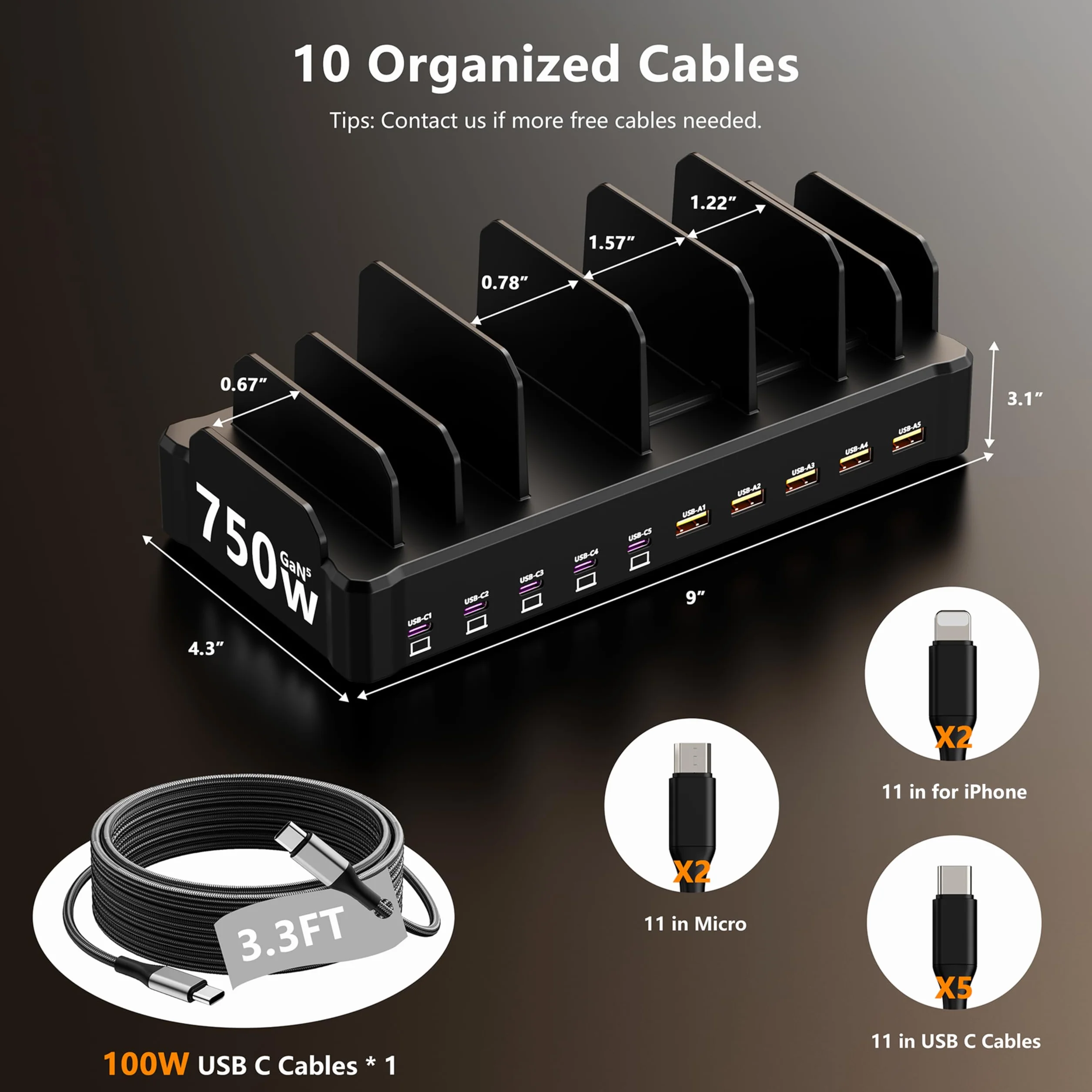 Stacja ładująca 750 W do wielu urządzeń, zobirez 10-portowa szybka ładowarka, 5 USB-C 120 W każdy i 5 USB-A 30 W każdy, pulpit ładowania do laptopa, telefonu, tabletu, czarna