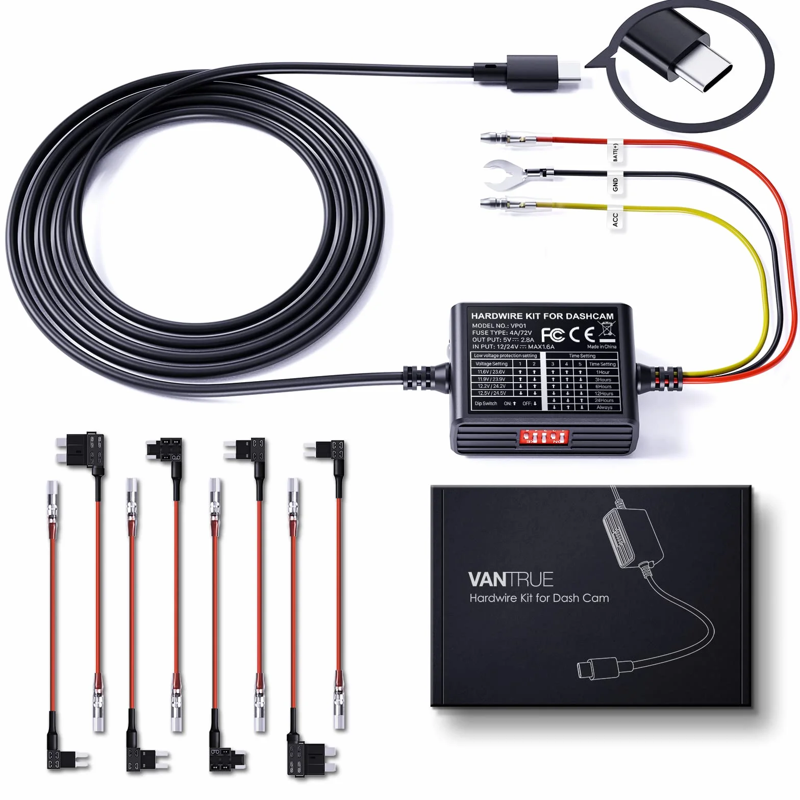 VANTRUE 5 poziomów 11,5 ft USB-C Hardwire Kit z Acc do wszystkich kamer na deskę rozdzielczą, 6 ustawień czasu nagrywania, 12-24 V do 5 V, tryb parkowania 24 h, kompatybilny z kamerą na deskę