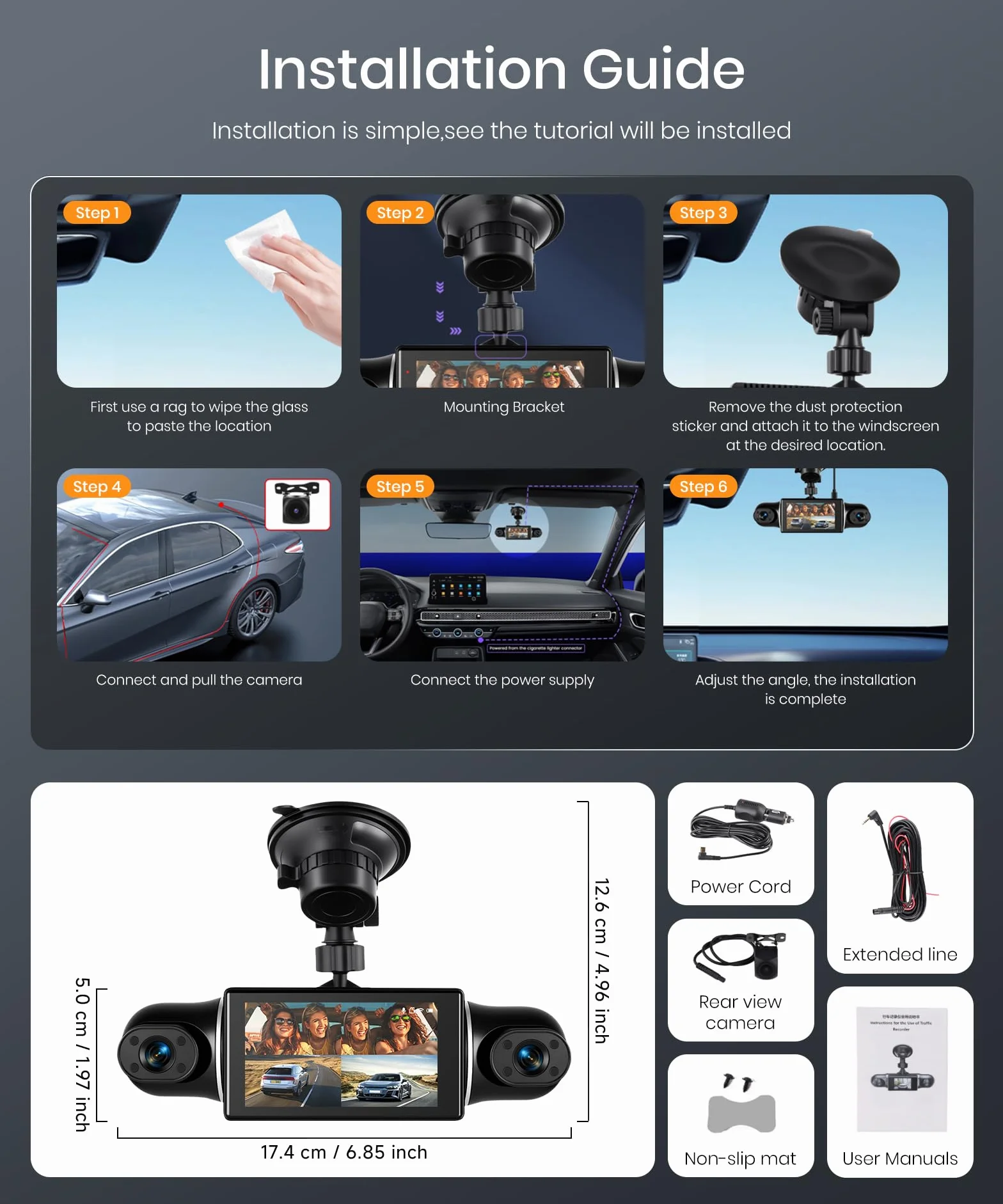 360° 4-kanałowa kamera przyrządowa samochodowa przednia i tylna lewa prawa 2K + 1080P, 3-calowy ekran IPS, kamera instrumentalna WiFi z noktowizorem na podczerwień, WDR, sterowanie aplikacją, czujnik