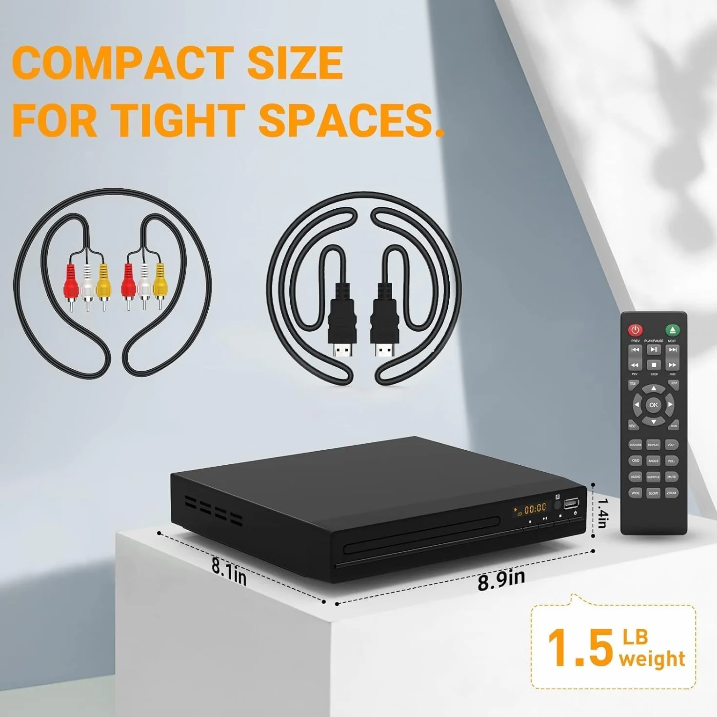 GOKUID Odtwarzacz DVD do telewizorów z HD 1080p upscaling, HDMI i AV i wyjściem koncentrycznym (kabel HDMI i AV w zestawie), wejście USB, pilot zdalnego sterowania w zestawie, czarny