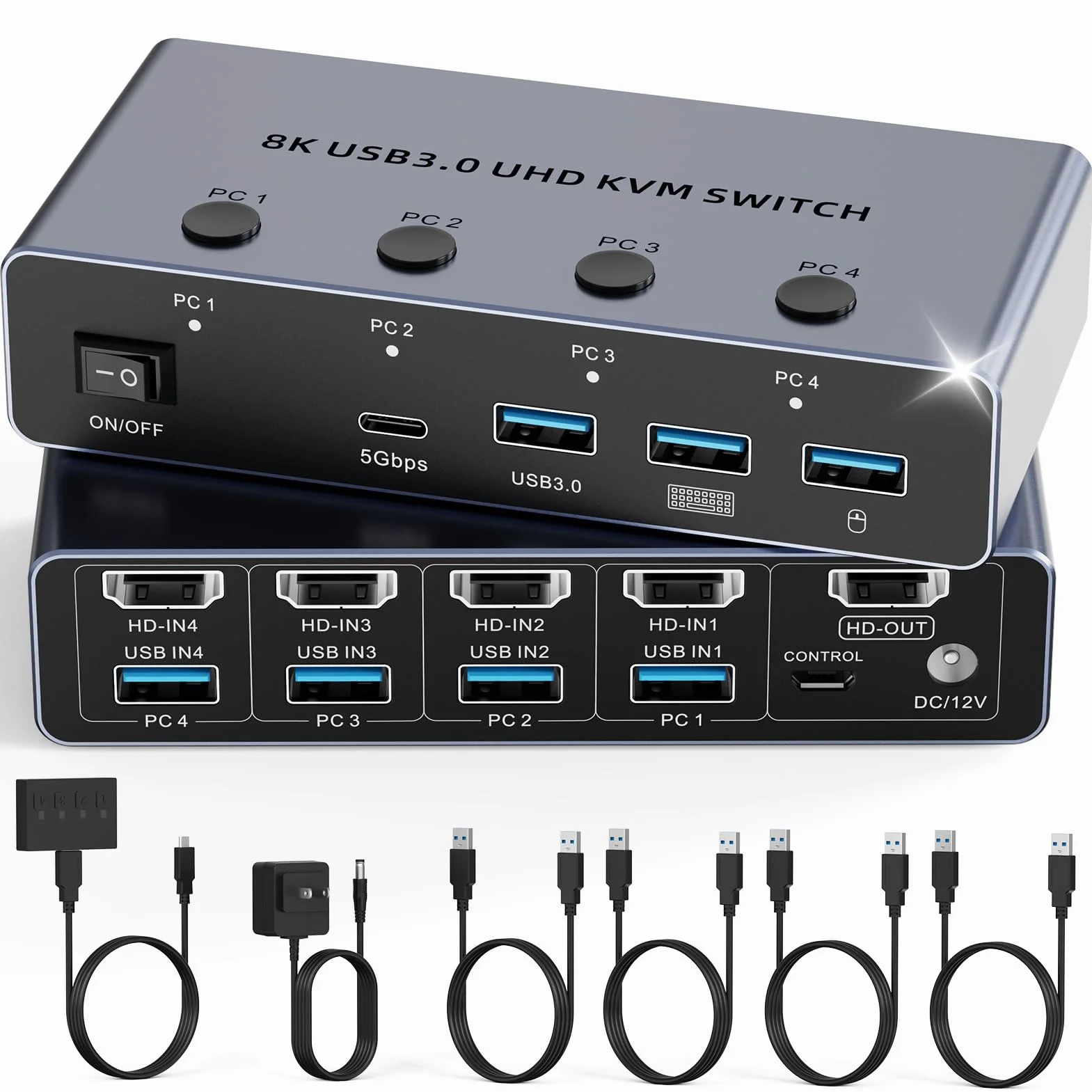 Przełącznik KVM HDMI 4 komputery 1 monitor, 8K przy 60 Hz HDMI KVM przełącznik Share Keyboard, mysz do biura z 3 portami USB 3.0+1 USB-C, adaptacyjne EDID/HDCP, 4 kable USB i kontroler biurkowy w