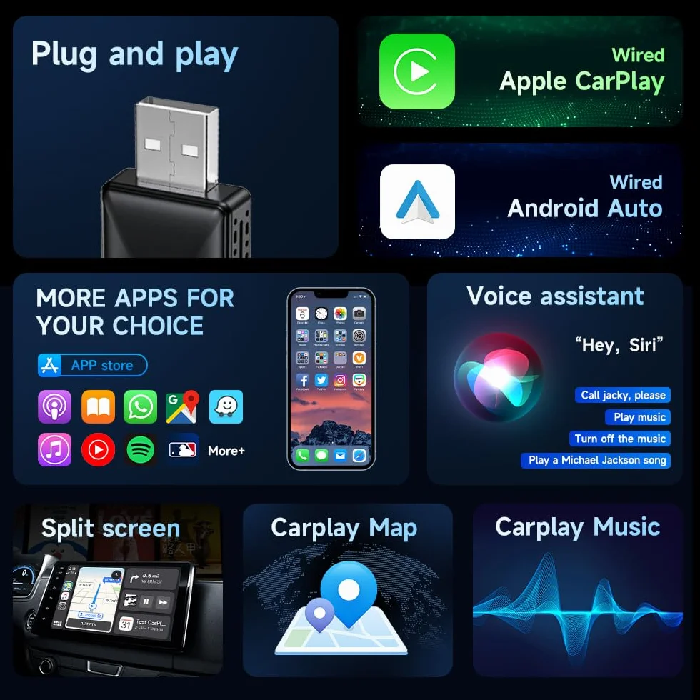 Mini bezprzewodowy adapter Carplay 2025, łatwy w konfiguracji i aktualizacji przewodowej CarPlay i Android Auto do bezprzewodowego, szybkie łączenie, przenośny mini klucz do zabawy, pasuje do