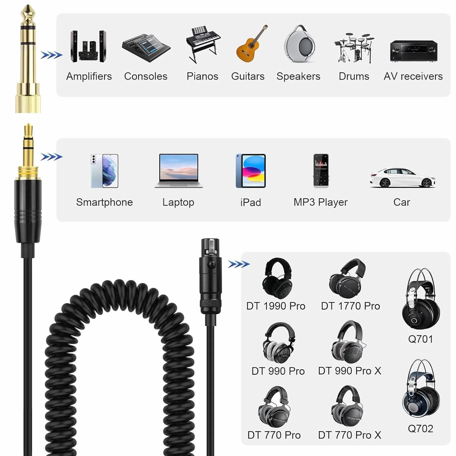 Toxaoii 990 PRO X Spiralkabel Kompatybilne z słuchawkami beyerdynamic DT 900 PRO X, DT 1990 PRO, DT 700 PRO X i DT 1770 Pro, złącze Mini-XLR na wtyk 3,5 mm, w zestawie adapter 6,35 mm