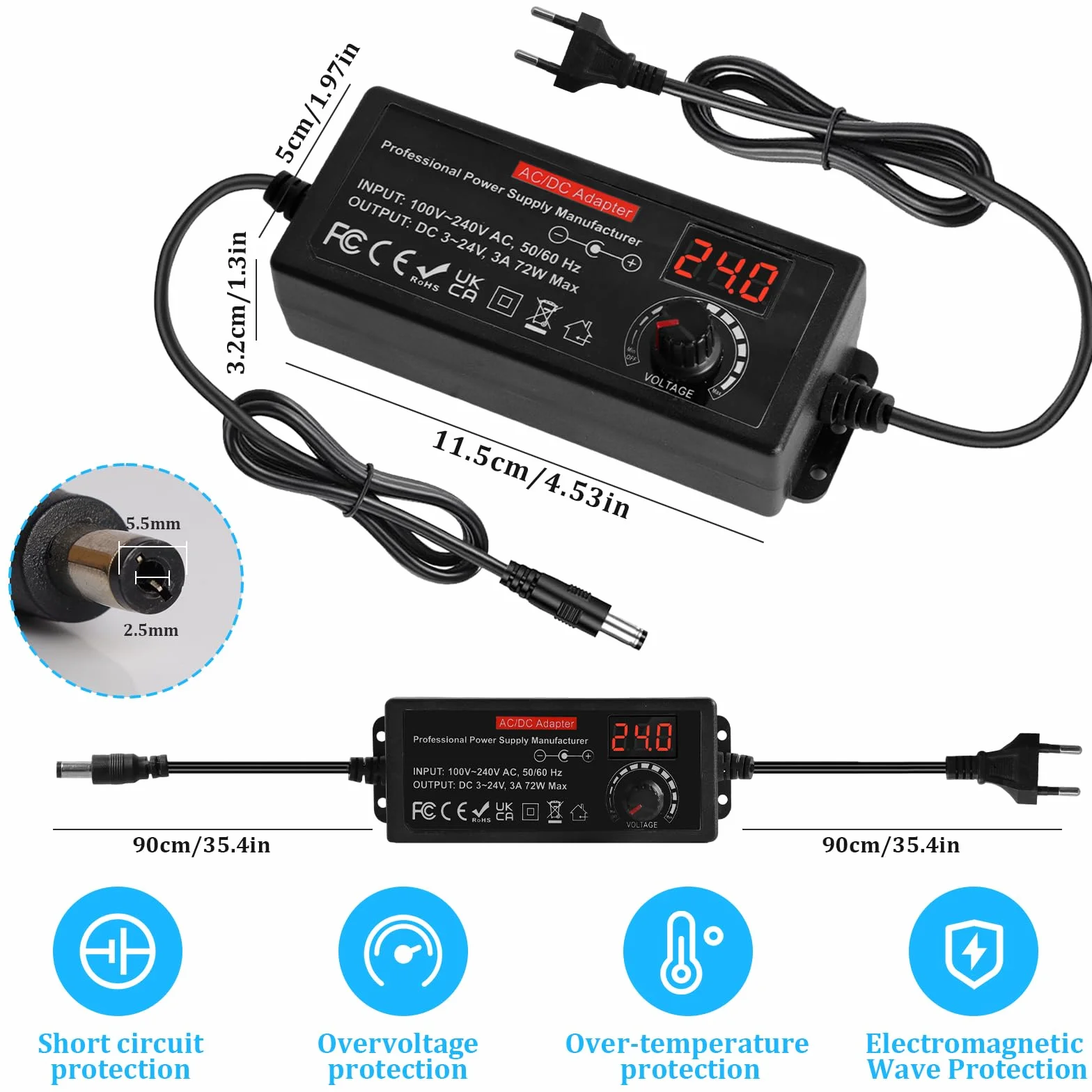 Uniwersalny zasilacz 3 V-24 V, regulowany zasilacz 100 V-240 V AC do DC ze wskaźnikiem napięcia LED 3 A 72 W, regulowany adapter sieciowy 5,5 x 2,5 mm, 16 końcówek, regulowany adapter sieciowy