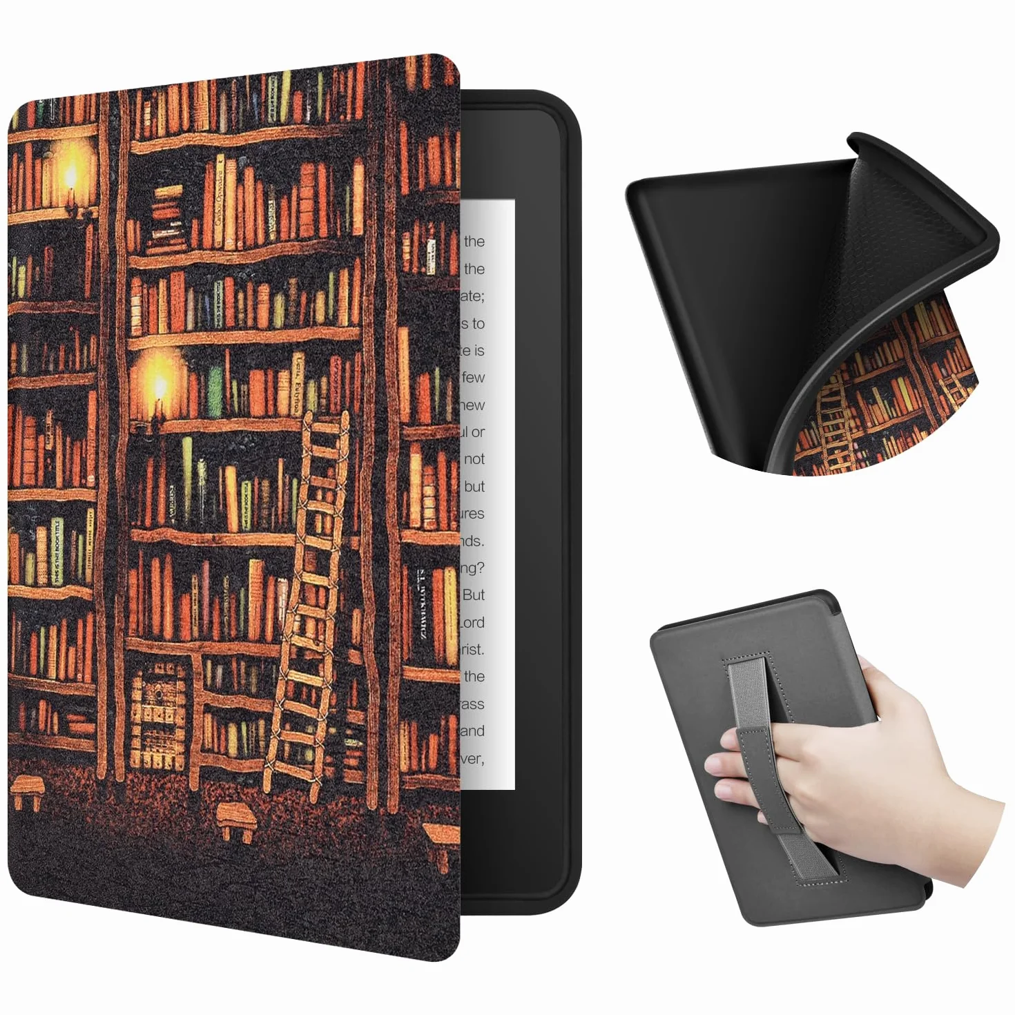 Etui na Kindle Paperwhite 6,8" (11. generacja w 2021 r.), etui z TPU z fakturą tkaniny i paskiem na plecach, etui magnetyczne z funkcją inteligentnego budzenia/uśpienia(Gold Bookshelf)