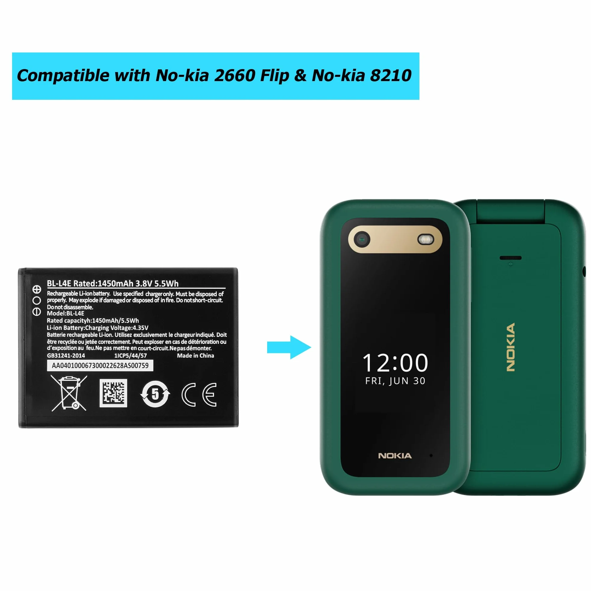 BL-L4E akumulator zastępczy kompatybilny z No-kia 2660 Flip & No-kia 8210 TA-1480 TA-1474 TA-1469 TA-1507 TA-1494 z zestawem narzędzi