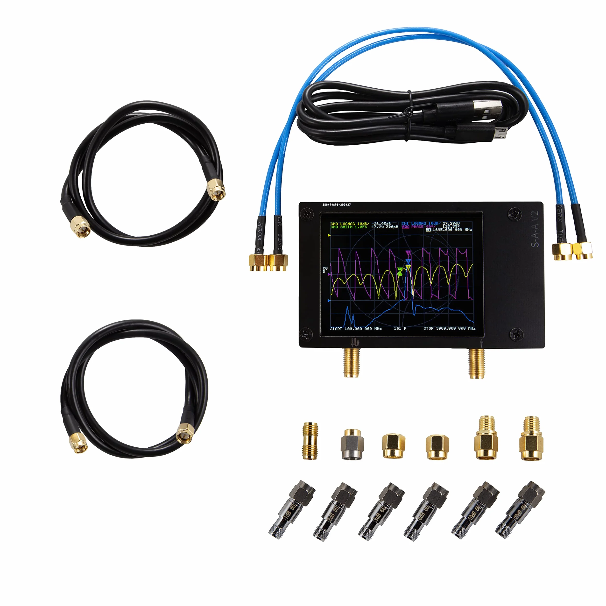 Nooelec NanoVNA v2 (S-A-A-2) Zestaw - wektorowy analizator sieciowy 50 kHz-3 GHz z ekranowaniem, zestawem do kalibracji, 6 tłumików i więcej! Wspieraj innowacje