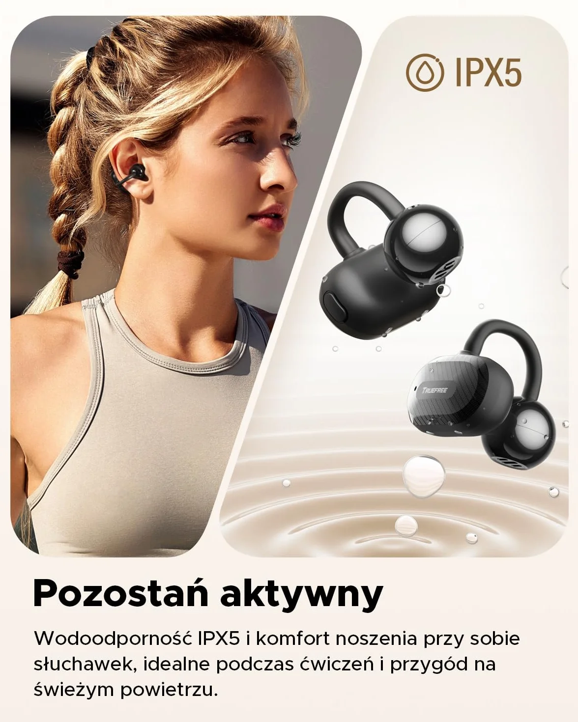 Truefree C10 Bezprzewodowe Słuchawki Douszne z Klipsem, Otwarta Konstrukcja, Bluetooth 5.4, 12mm Przestrzennym Dźwiękiem, 28H Odtwarzania, IPX5, AI-ENC, Podwójne Łączenie, Aplikacja