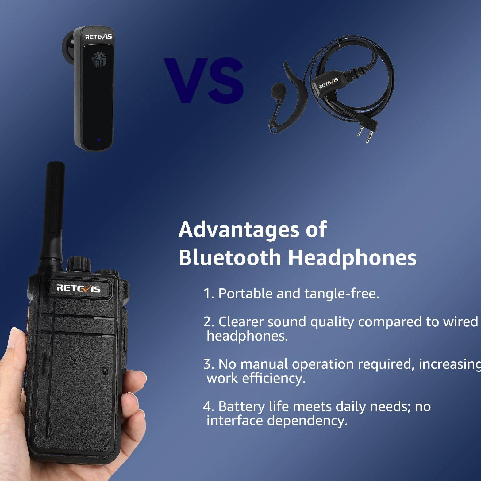Retevis RB637 Walkie Talkie, PMR446 Profesjonalne 2-kierunkowe radio z bezprzewodowym zestawem słuchawkowym, 2000 mAh, VOX, bezprzewodowe dwukierunkowe radia (czarne, 4 sztuki)