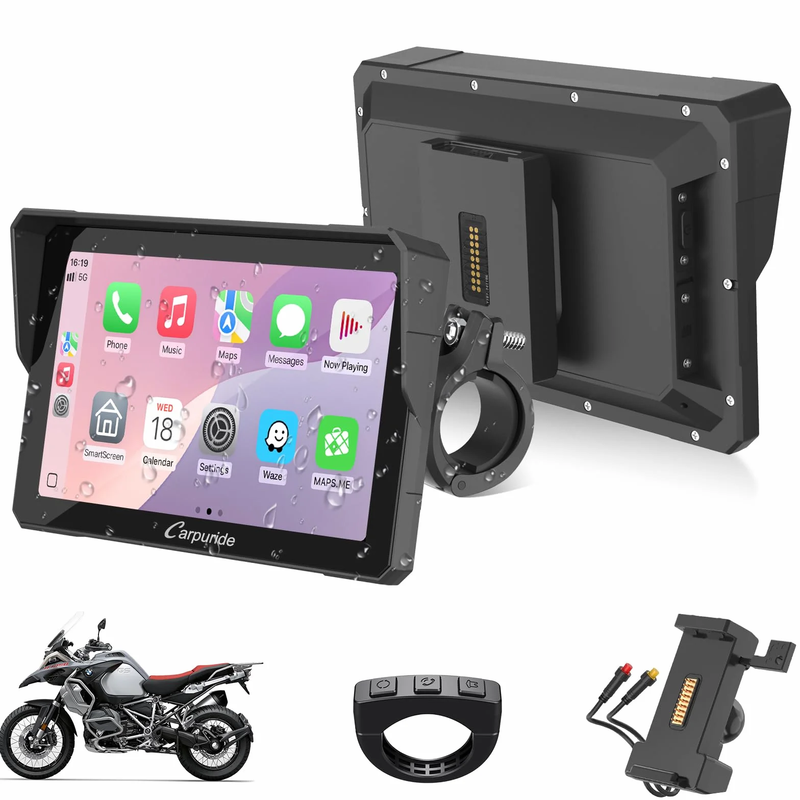 CARPURIDE W702S Moto Carplay ekran z uchwytem BM05 do Plug and Play, CarPlay i Android Auto, przenośny 7-calowy wodoodporny ekran dotykowy, kontroler przewodowy, nawigacja.