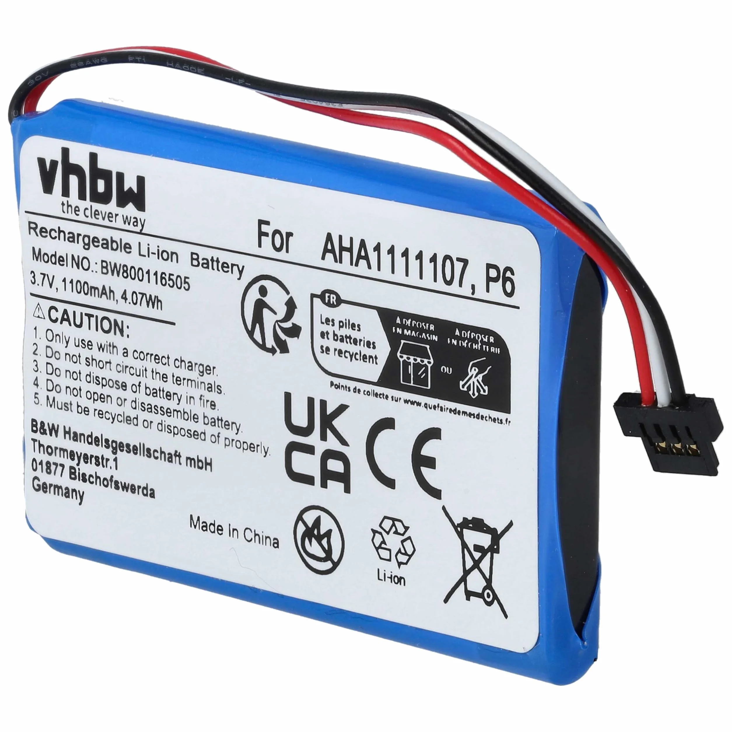 vhbw Bateria zamienna do Tomtom P6, AHA11111010, AHA1111107 do nawigacji GPS (1100 mAh, 3,7 V, litowo-jonowa)