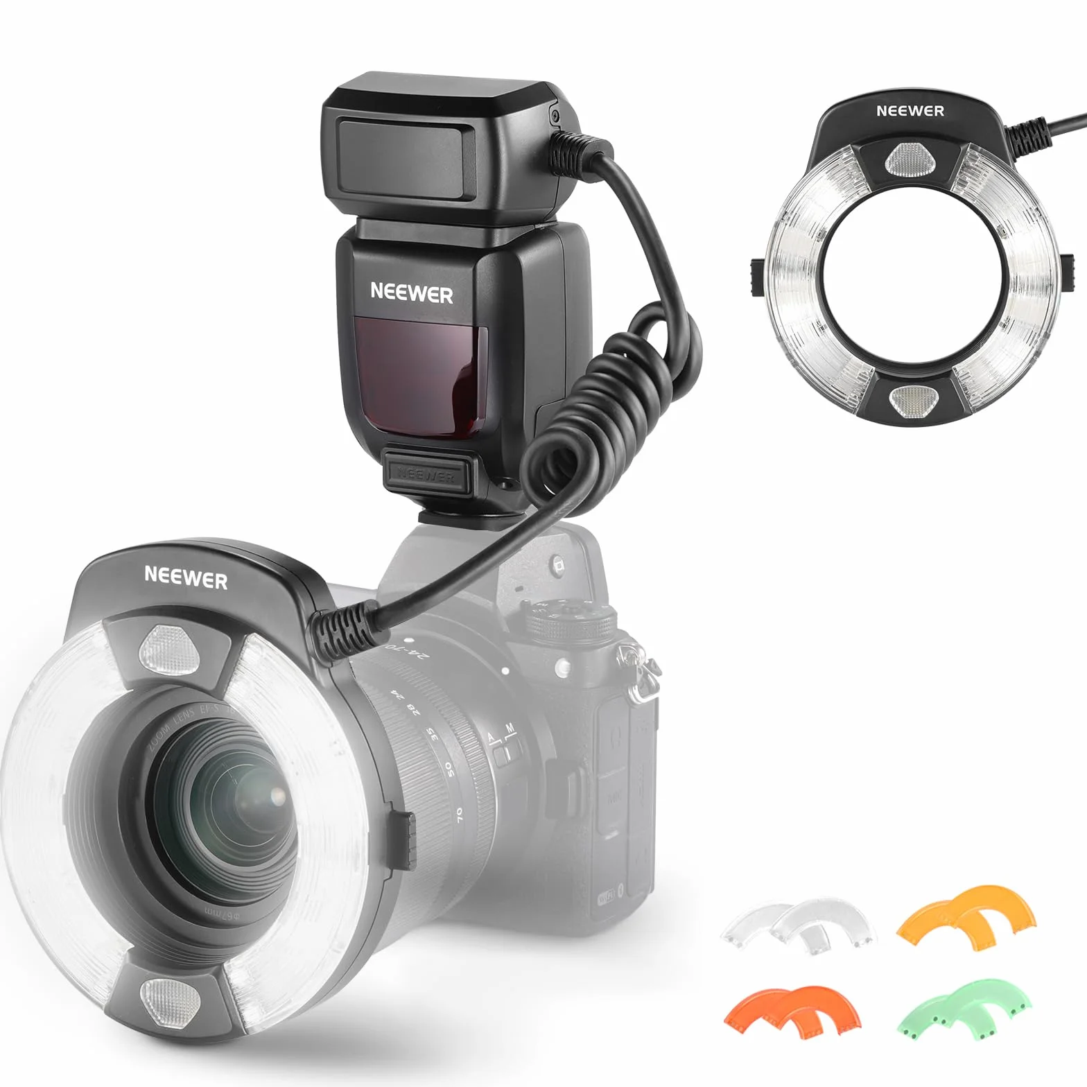 Neewer RF1-N Marco Ring lampa błyskowa kompatybilna z aparatem Nikon, 76Ws GN15 5600K TTL oświetlenie 1-1/128 wyjście przednia/tylna zasłona synchronizacja kolorów żele, pierścienie adaptera