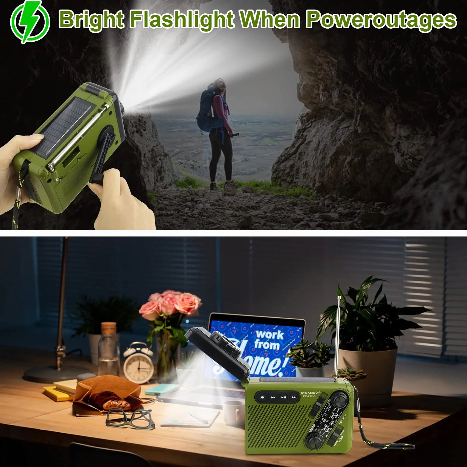 MOMSIV radio solarne, przenośne, dynamo, z korbą ręczną, radio awaryjne z AM/FM, akumulator 2500 mAh, Bluetooth, SOS, latarka LED, gniazdo na kartę TF do użytku na zewnątrz