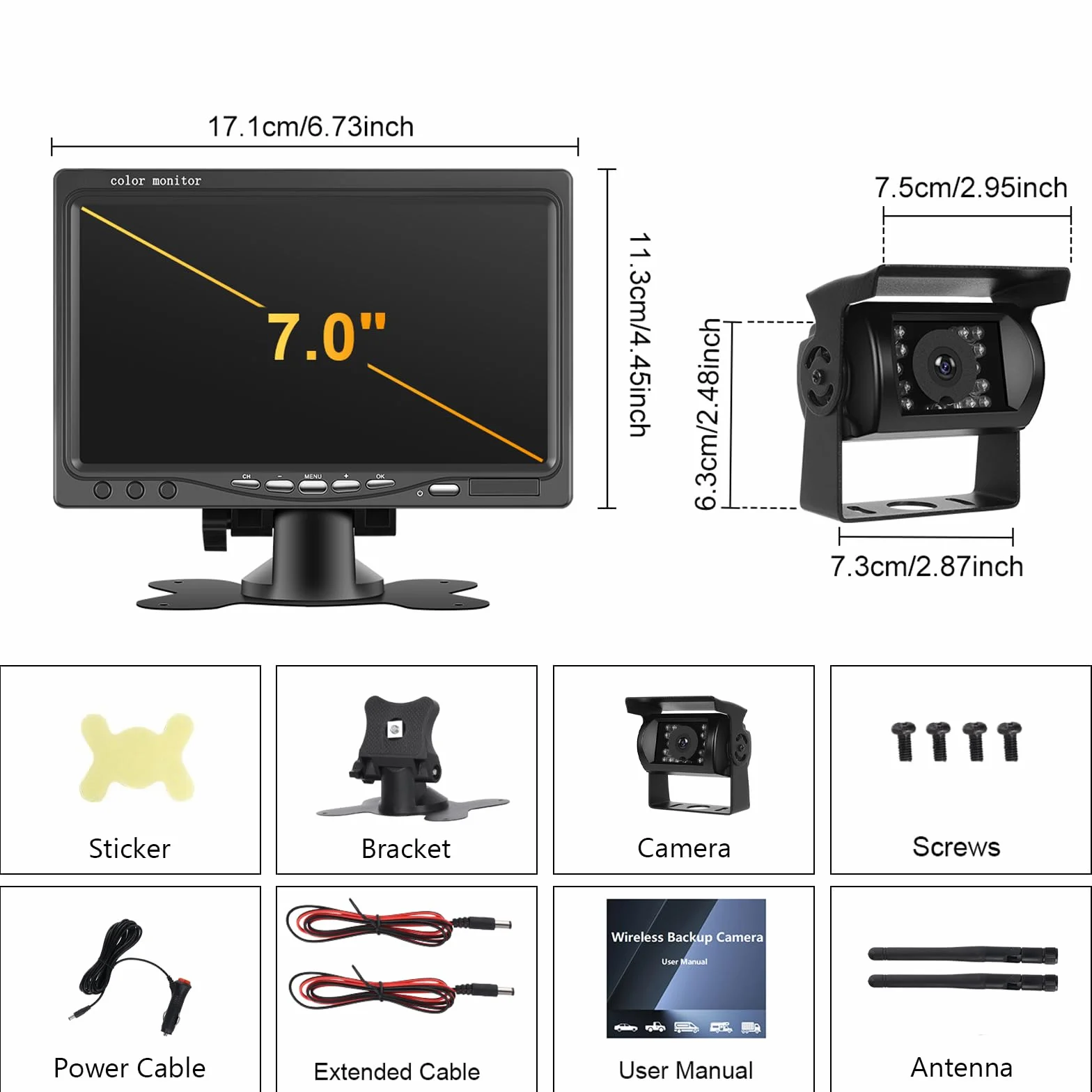 Bezprzewodowa kamera cofania i 7-calowy monitor HD, zestaw bezprzewodowych kamer cofania, system wspomagania parkowania, widoczność w nocy, wodoszczelna kamera samochodowa do przyczep, autobusów